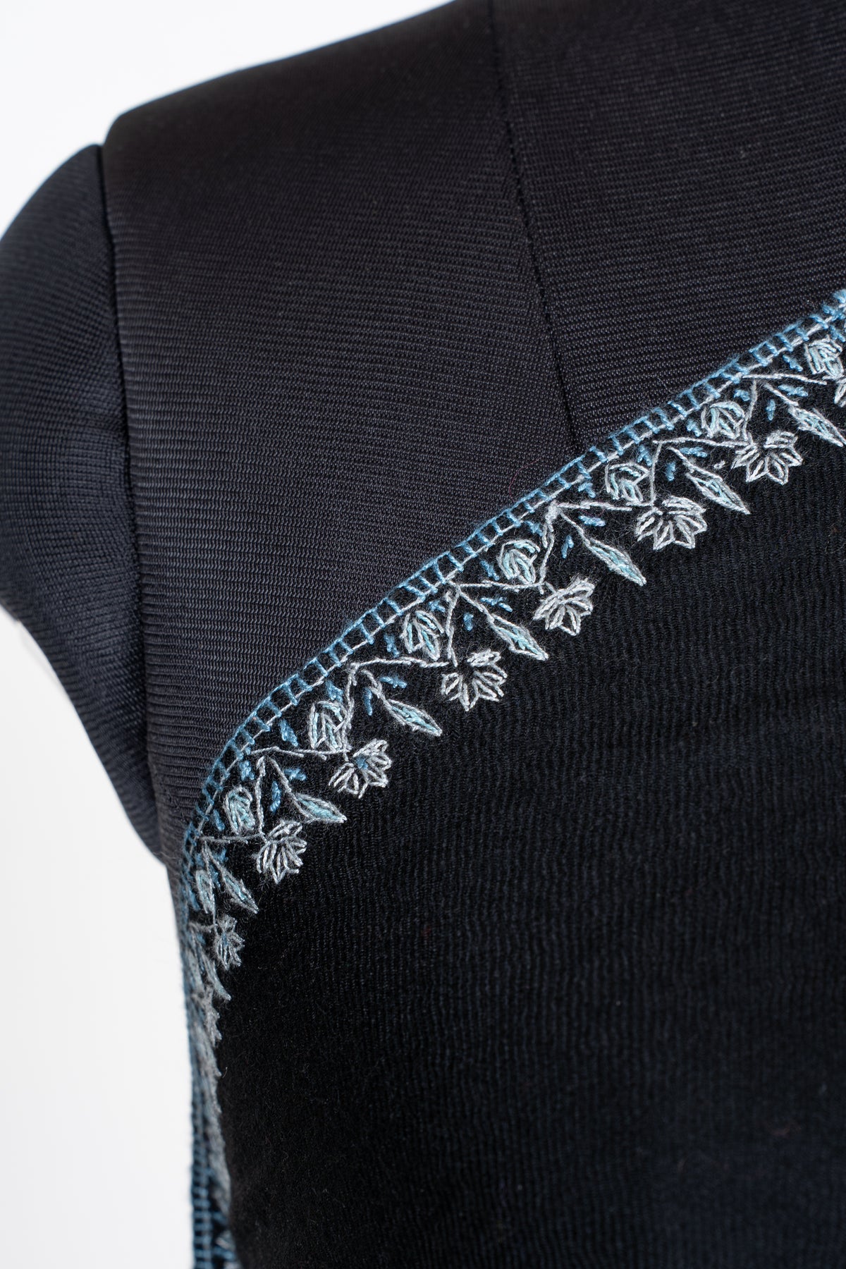 Moonlit Noir Merino Wool Shawl with Ice Blue Sozni Hand Embroidered Botanical Motifs
