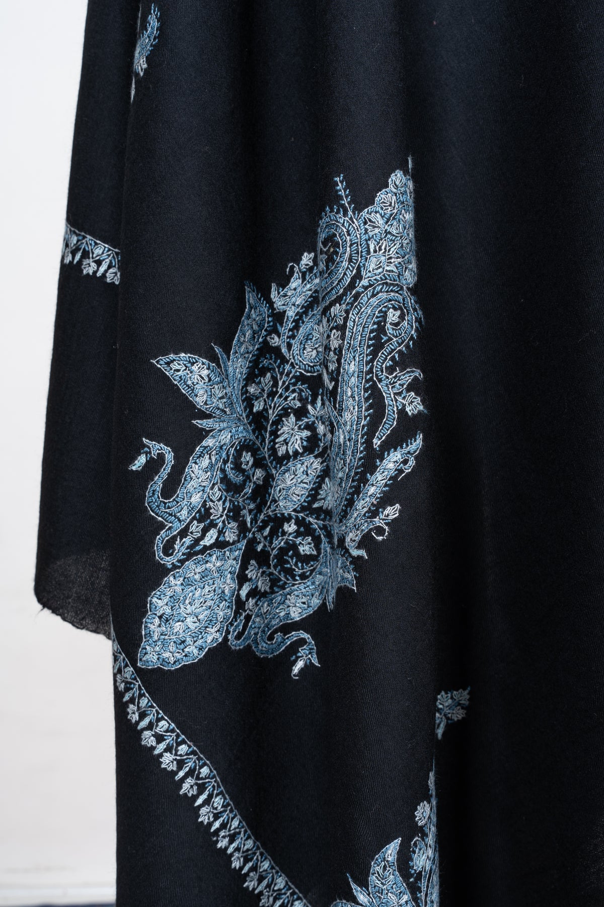 Moonlit Noir Merino Wool Shawl with Ice Blue Sozni Hand Embroidered Botanical Motifs
