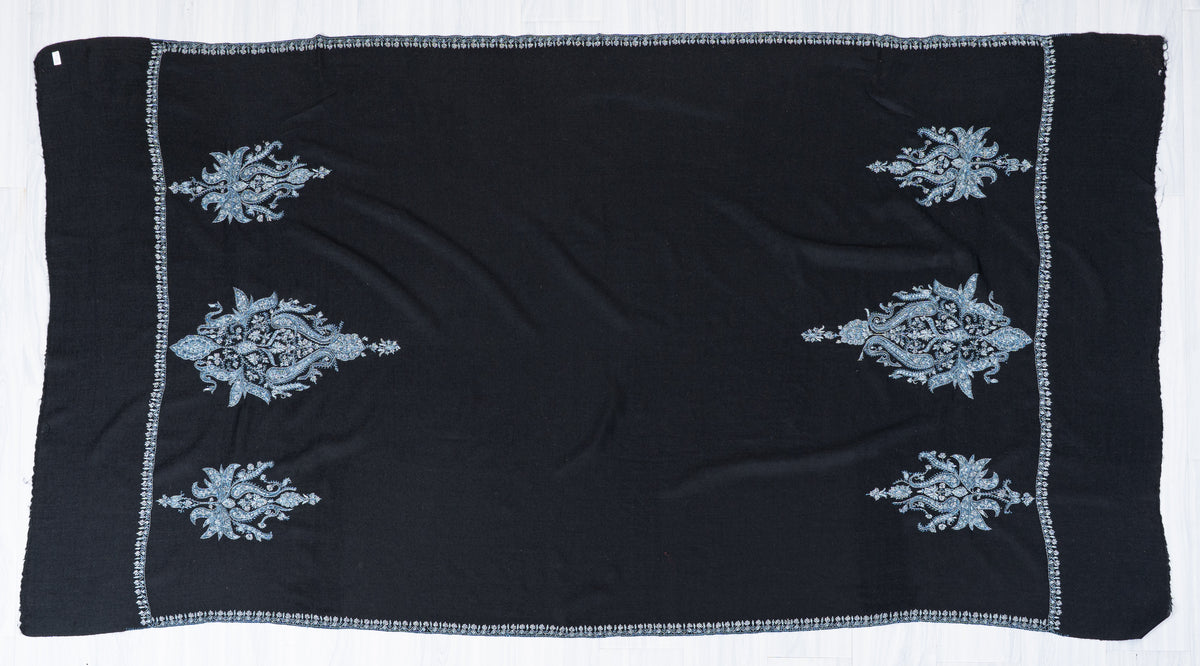 Moonlit Noir Merino Wool Shawl with Ice Blue Sozni Hand Embroidered Botanical Motifs