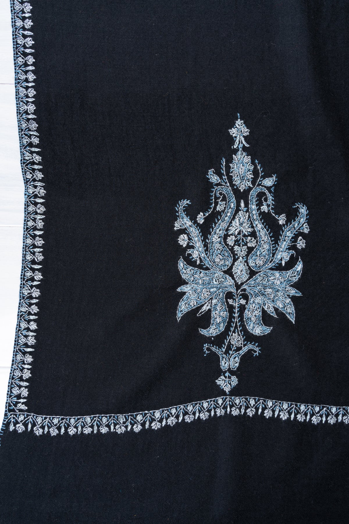 Moonlit Noir Merino Wool Shawl with Ice Blue Sozni Hand Embroidered Botanical Motifs