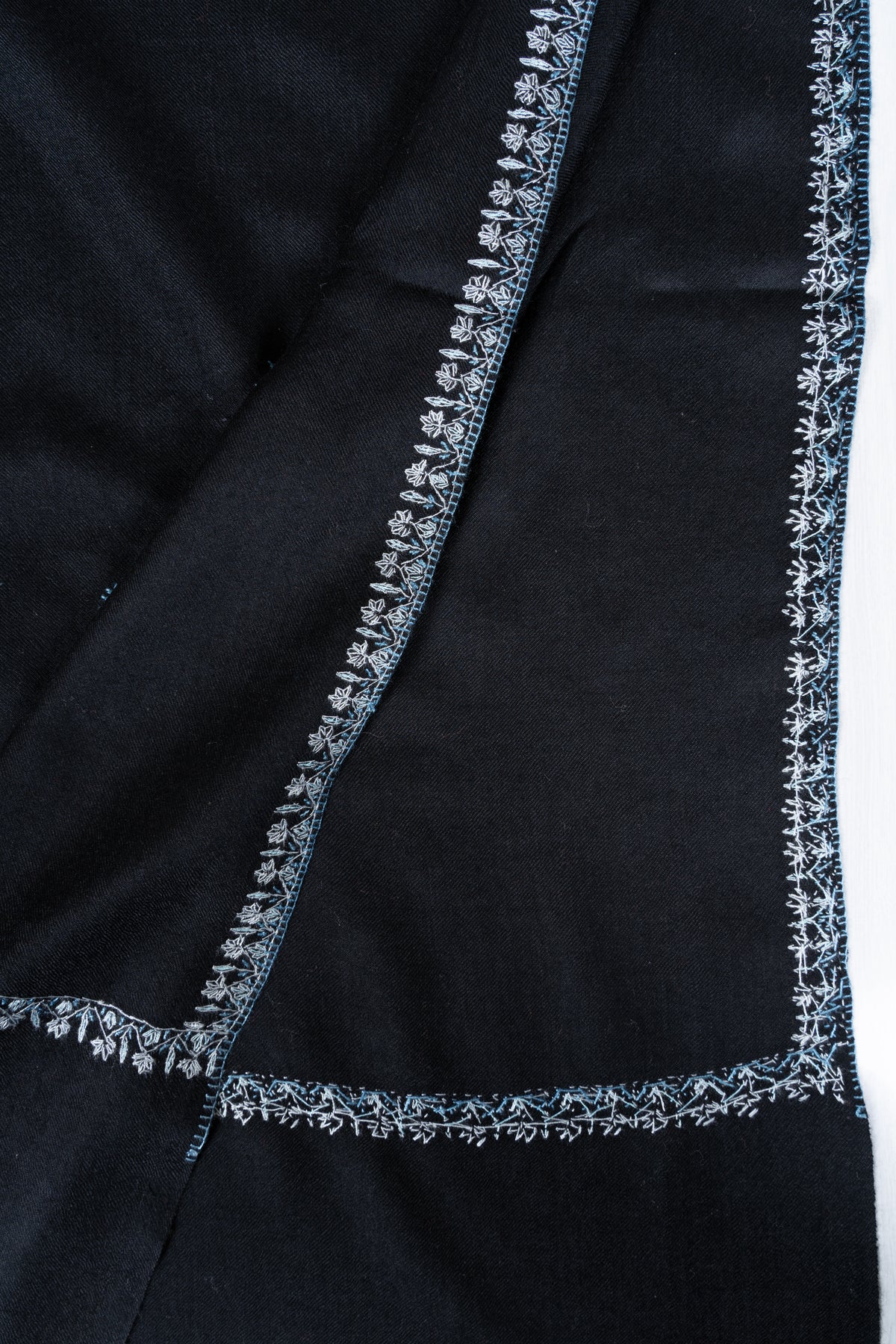 Moonlit Noir Merino Wool Shawl with Ice Blue Sozni Hand Embroidered Botanical Motifs