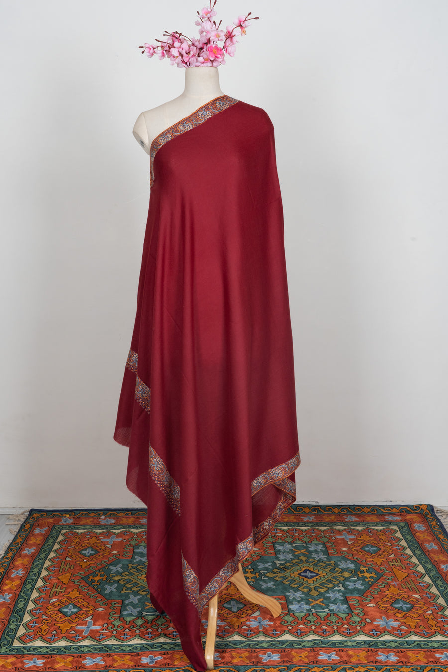 Imperial Maroon Radiance: Merino wool 2.5 Yards Sozni Hand Embroidered Shawl