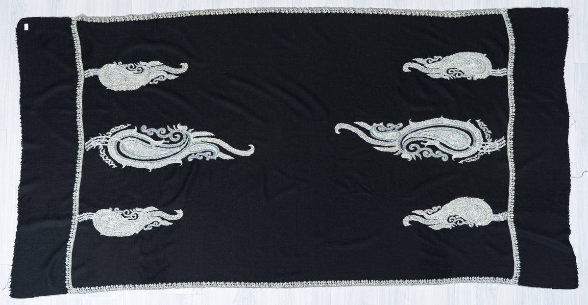 Midnight Silver Merino Wool Shawl with Sozni Hand Embroidered Ornamental Paisleys