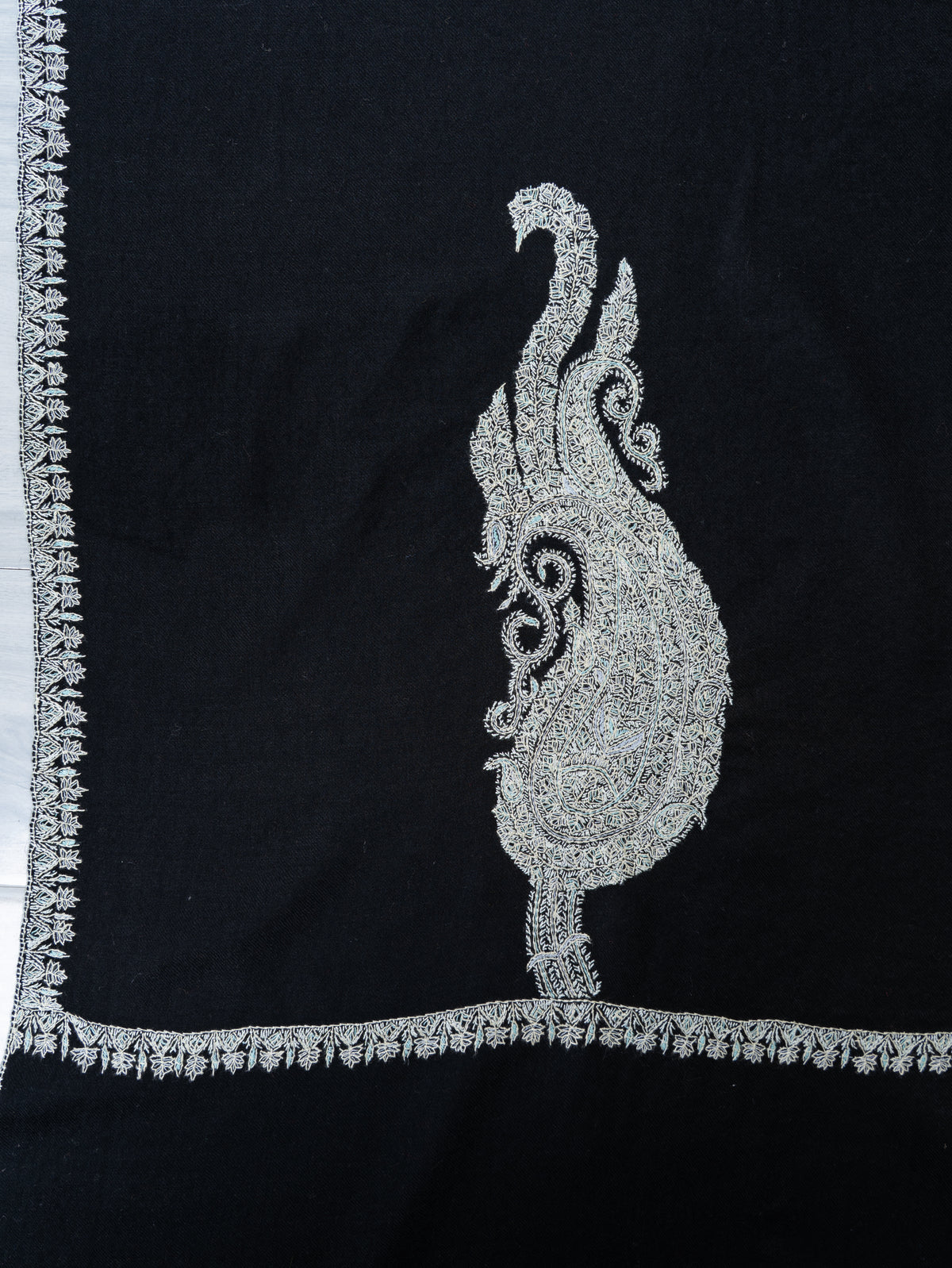 Midnight Silver Merino Wool Shawl with Sozni Hand Embroidered Ornamental Paisleys