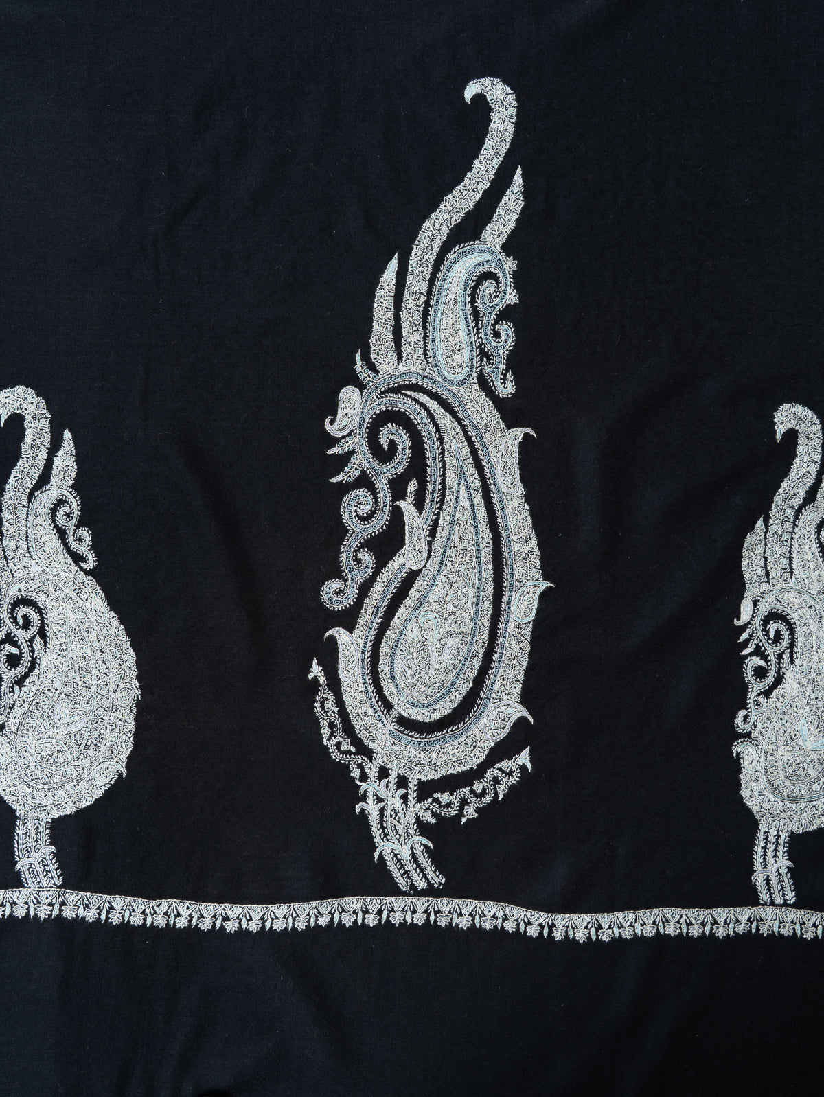 Midnight Silver Merino Wool Shawl with Sozni Hand Embroidered Ornamental Paisleys