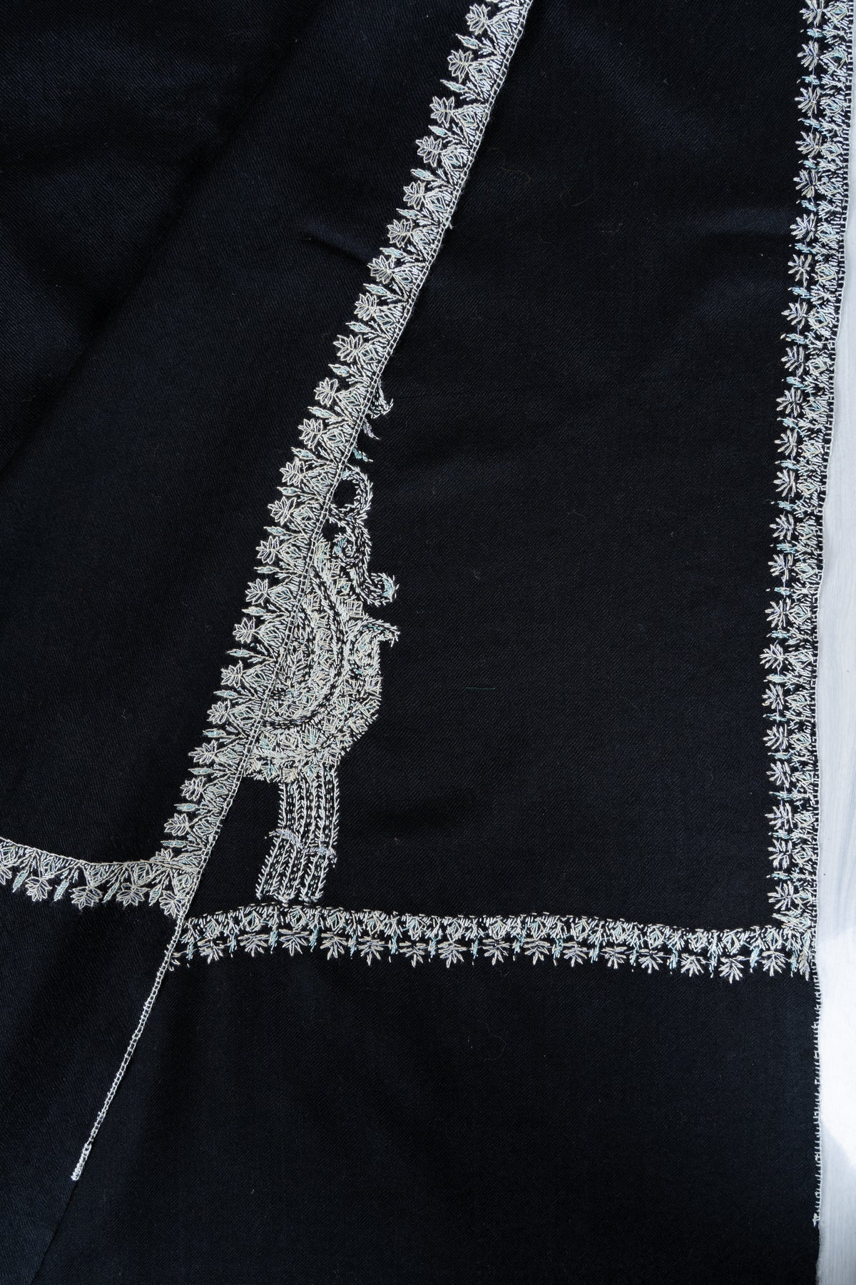 Midnight Silver Merino Wool Shawl with Sozni Hand Embroidered Ornamental Paisleys
