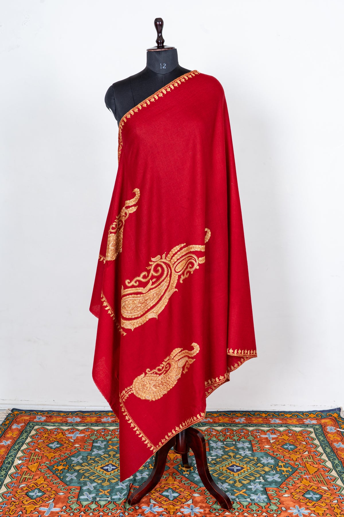 Royal Crimson Fine Merino Wool Shawl with Golden Sozni Hand Embroidered Paisleys