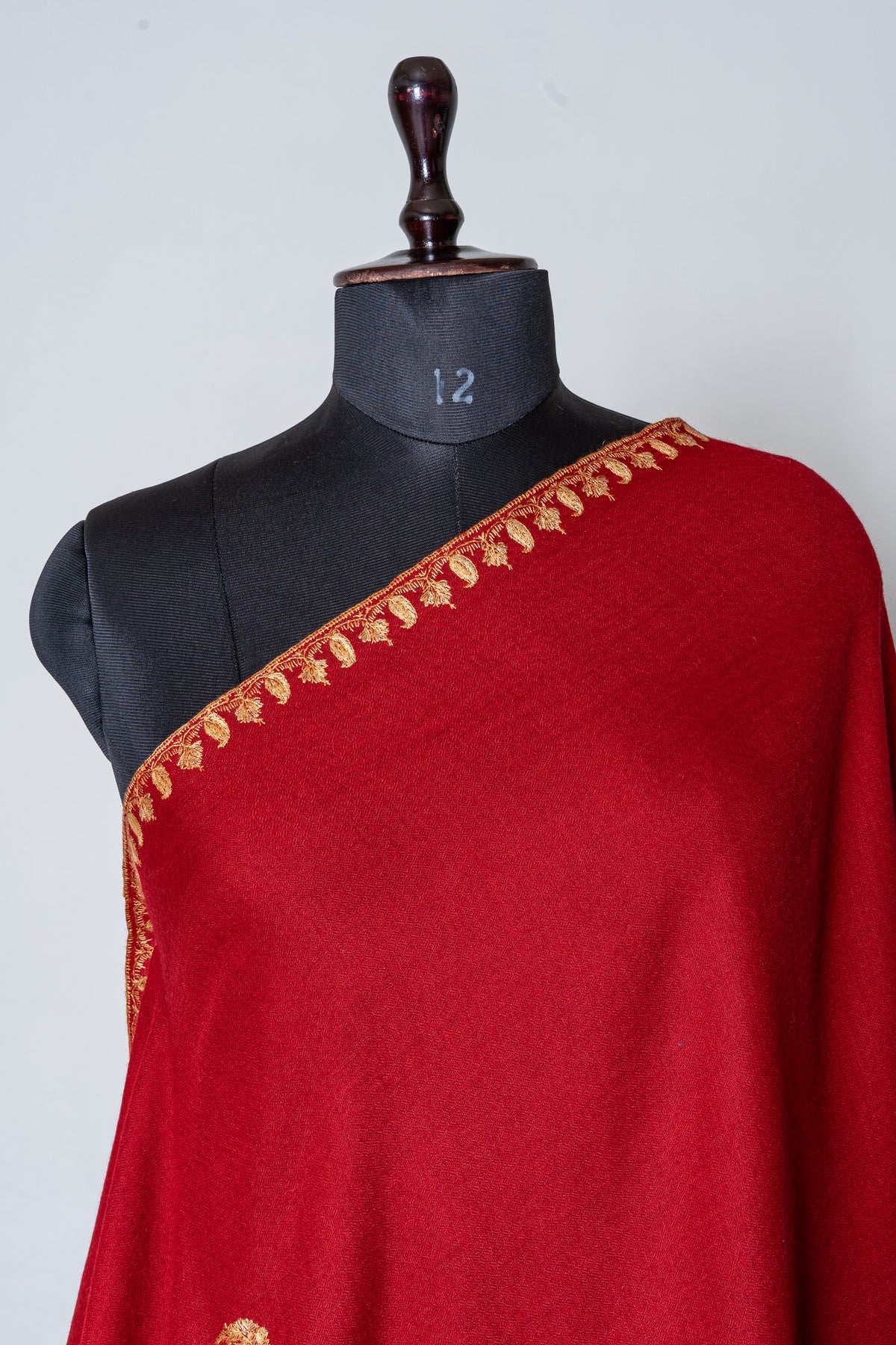 Royal Crimson Fine Merino Wool Shawl with Golden Sozni Hand Embroidered Paisleys