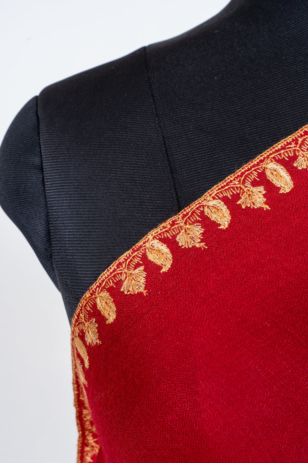 Royal Crimson Fine Merino Wool Shawl with Golden Sozni Hand Embroidered Paisleys