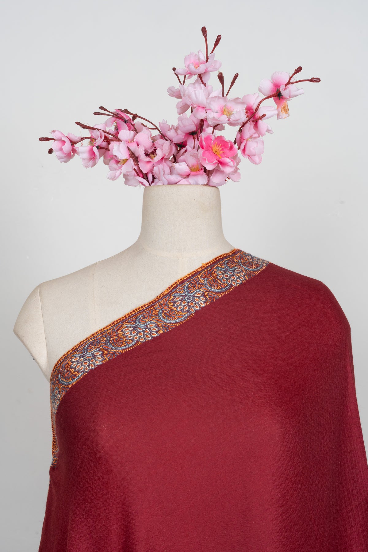 Imperial Maroon Radiance: Merino wool 2.5 Yards Sozni Hand Embroidered Shawl