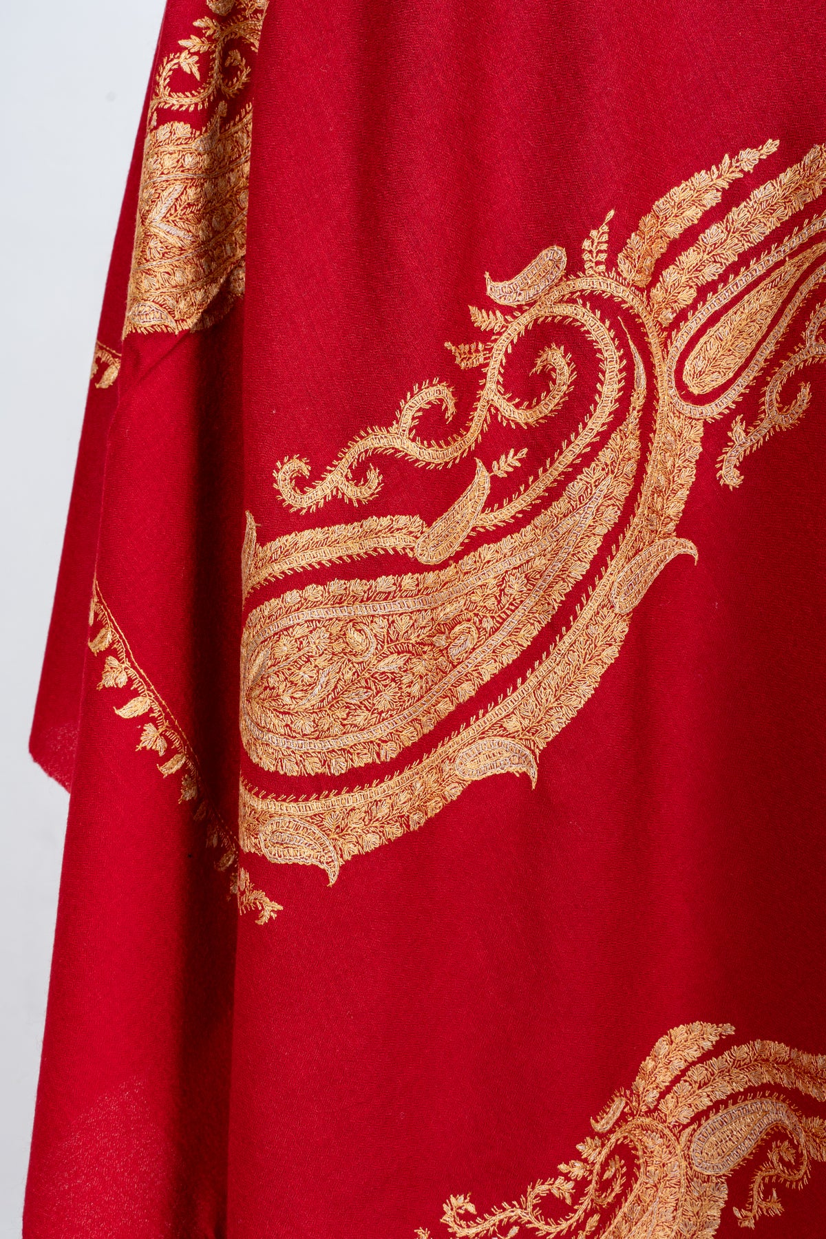 Royal Crimson Fine Merino Wool Shawl with Golden Sozni Hand Embroidered Paisleys