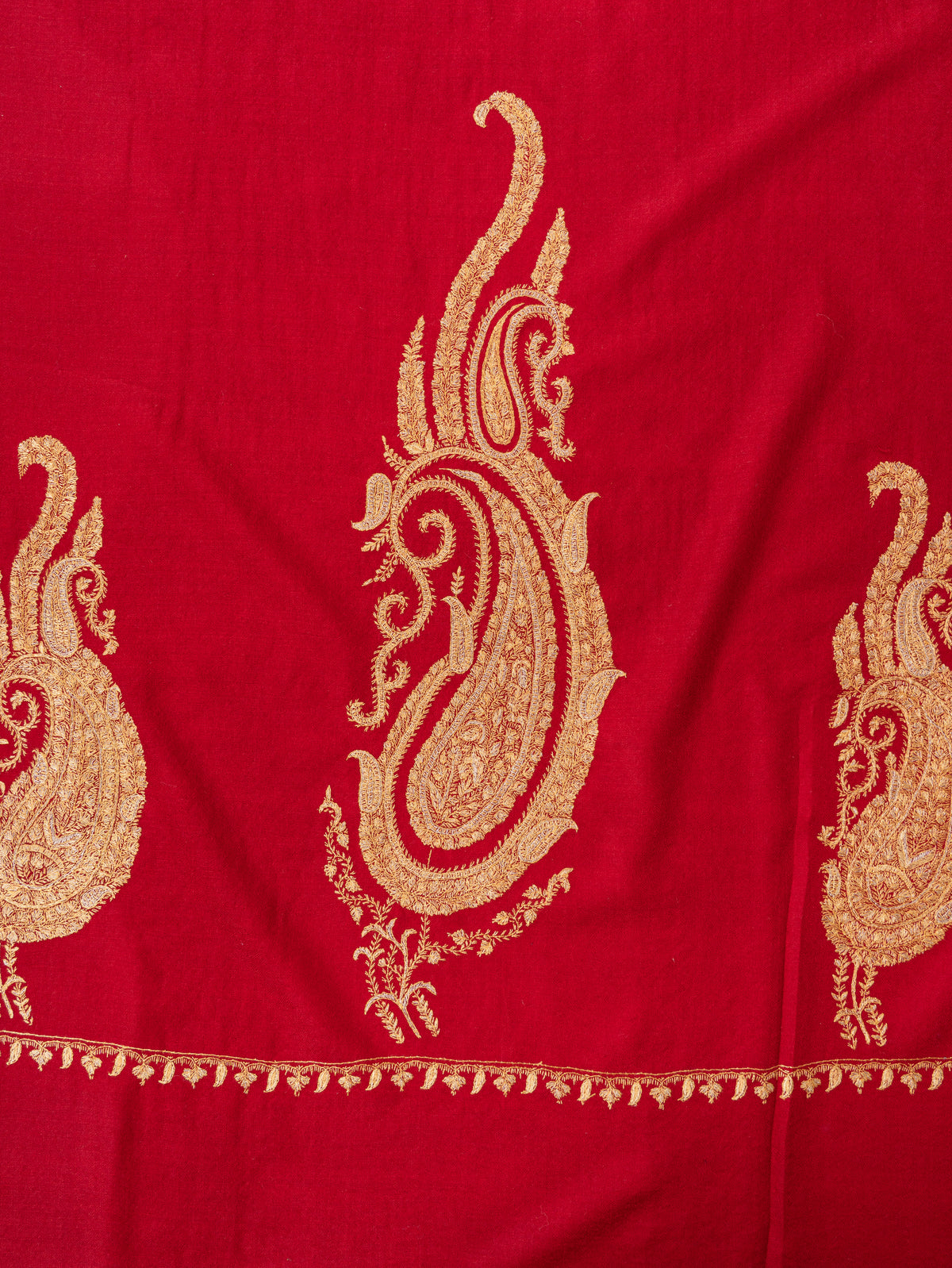 Royal Crimson Fine Merino Wool Shawl with Golden Sozni Hand Embroidered Paisleys
