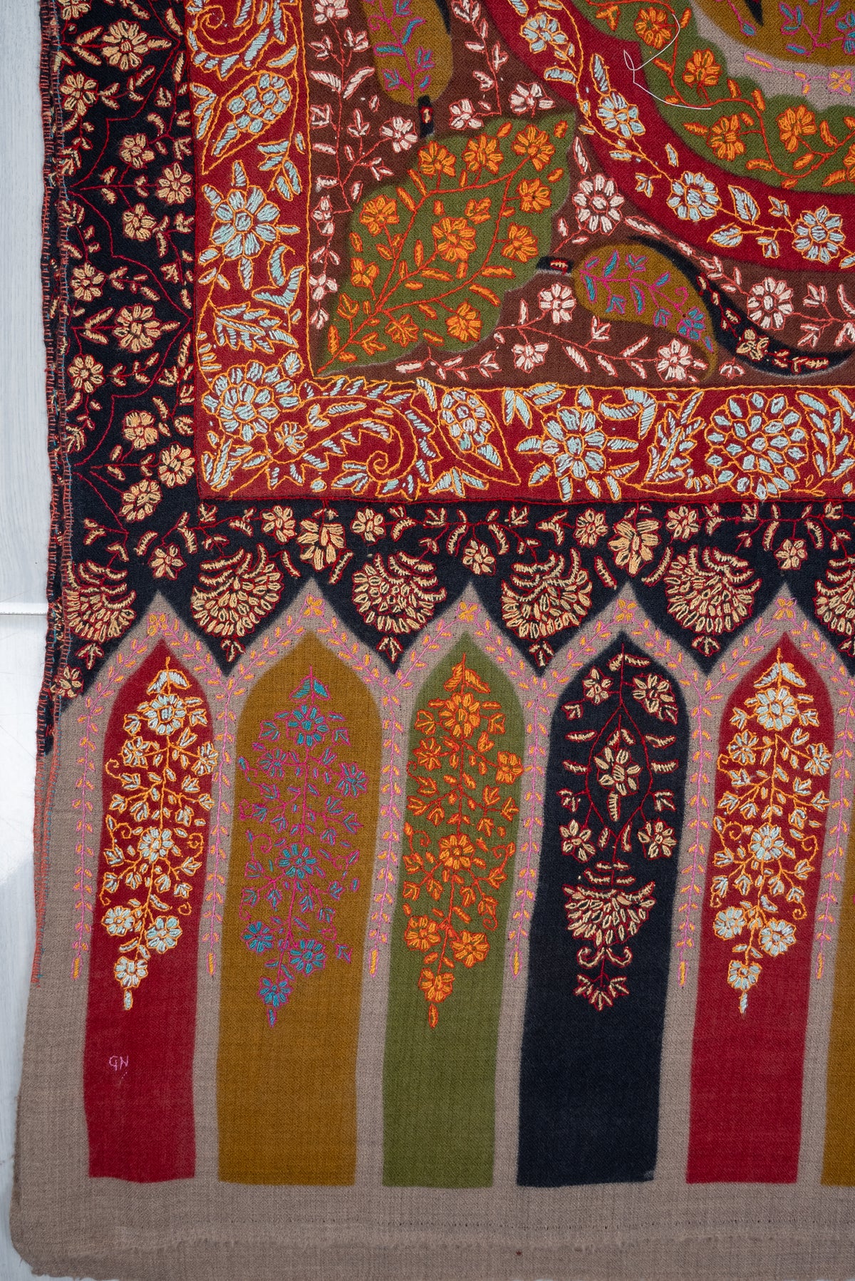 2.5 Yards Kalamkari Pure Pashmina Hand Embroidered Shawl: Saffron Mosaic Reverie