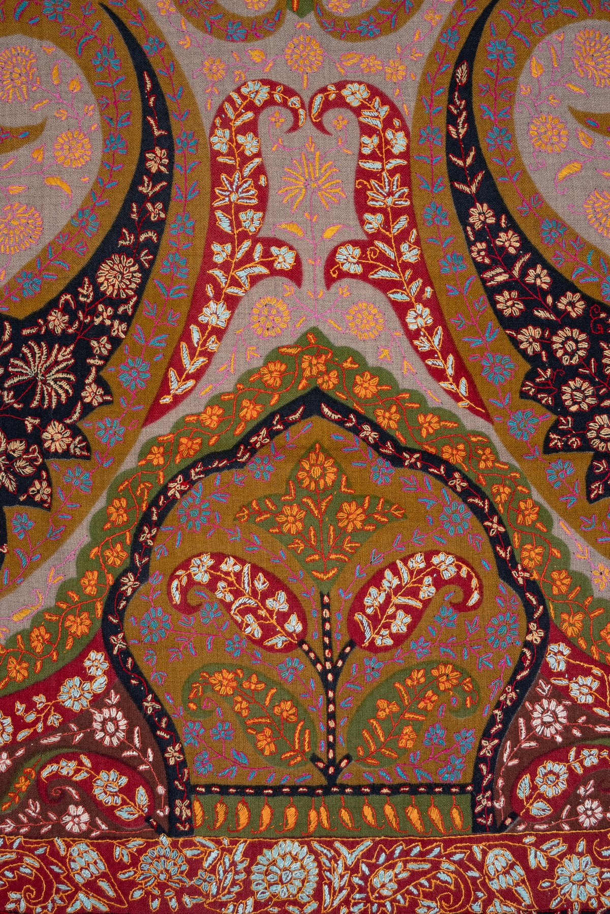 2.5 Yards Kalamkari Pure Pashmina Hand Embroidered Shawl: Saffron Mosaic Reverie