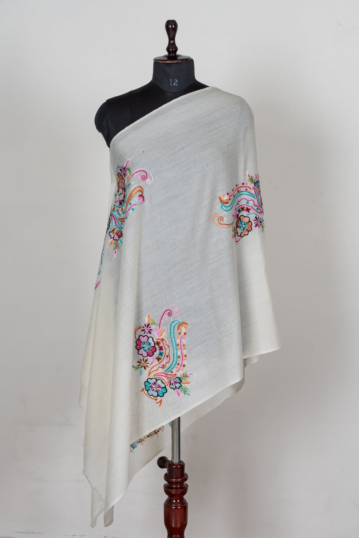 Ivory Blossom Fine Merino Wool Scarf with Multicolored Aari Hand Embroidered Florals