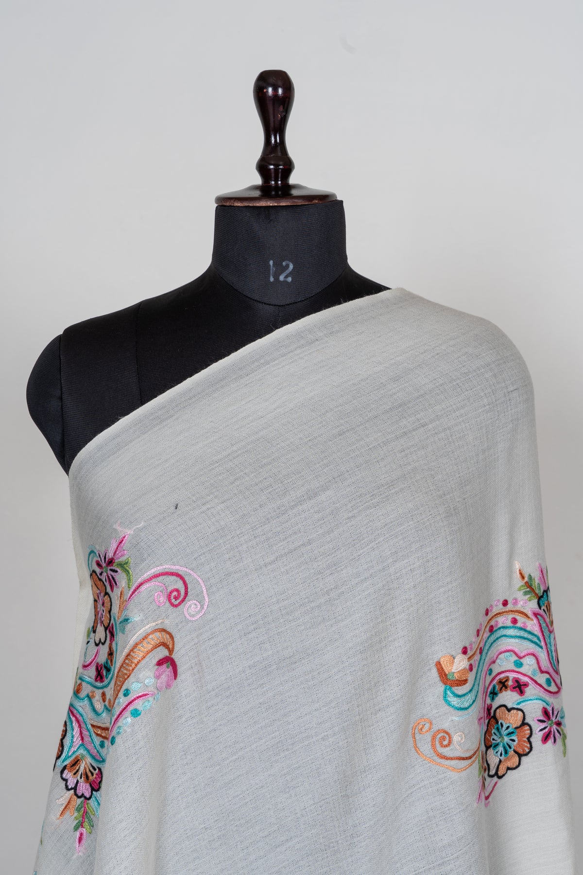 Ivory Blossom Fine Merino Wool Scarf with Multicolored Aari Hand Embroidered Florals