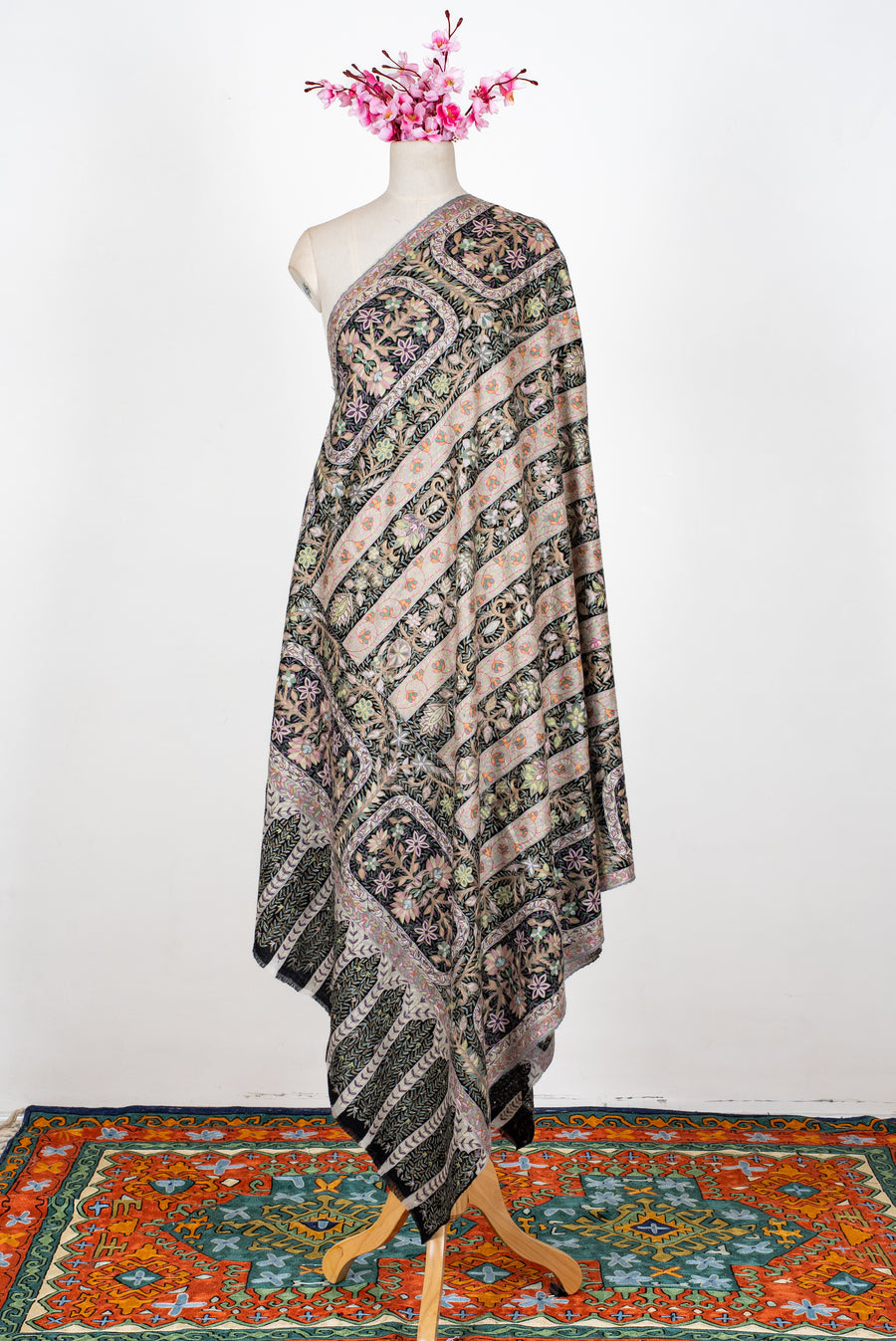2.5 Yards Pure Pashmina Hand Embroidered Shawl: Twilight Garden Elegance