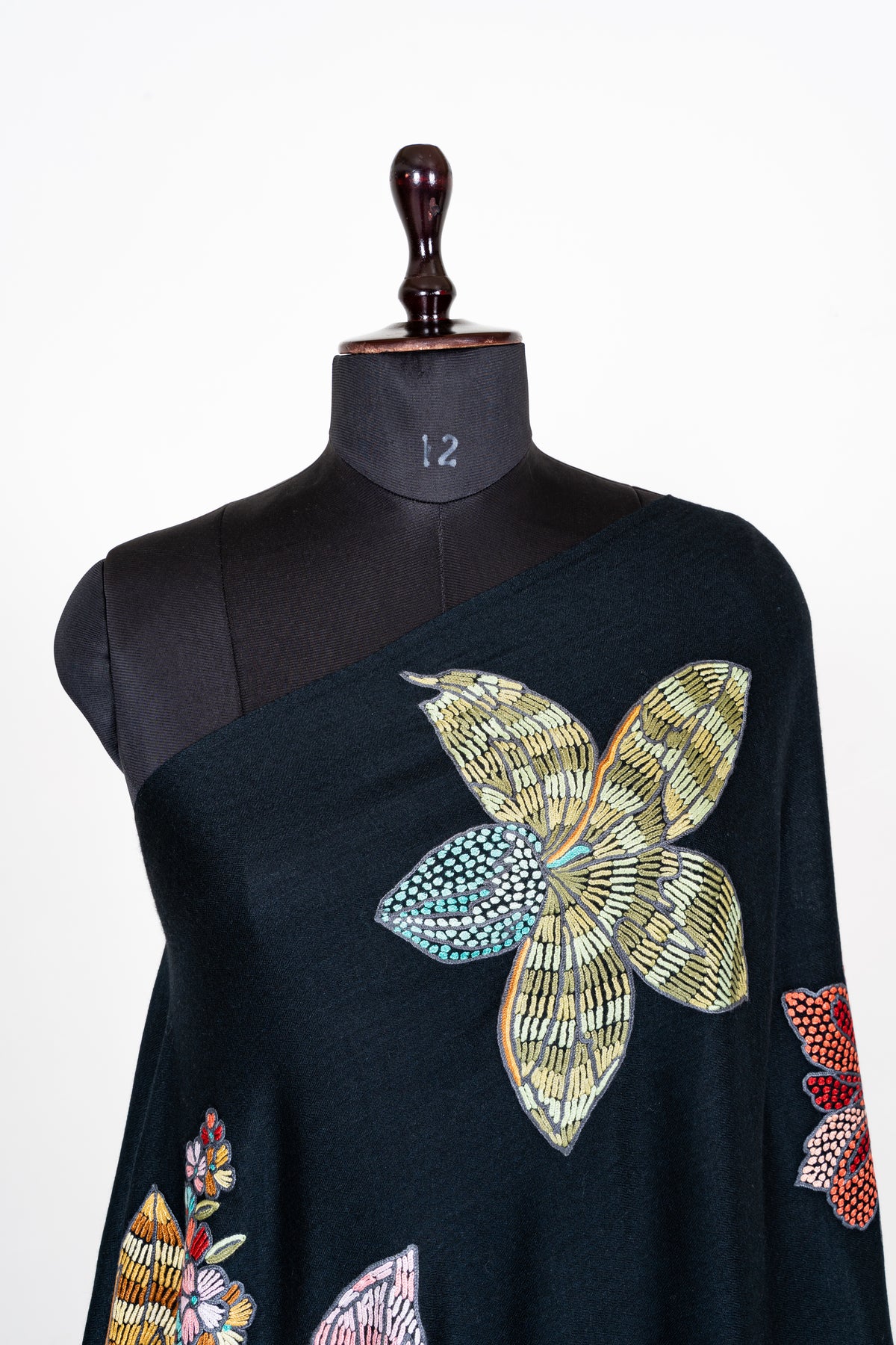 Midnight Garden Fine Merino Wool Shawl with Vibrant Aari Hand Embroidered Flowers