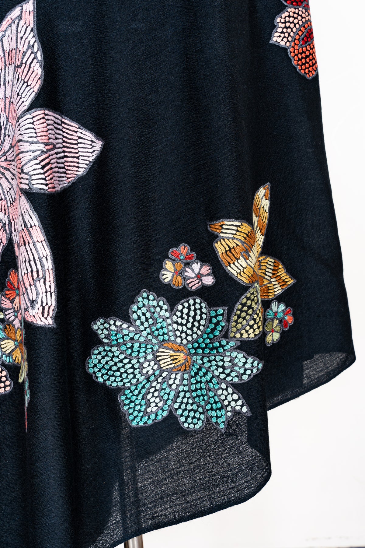 Midnight Garden Fine Merino Wool Shawl with Vibrant Aari Hand Embroidered Flowers