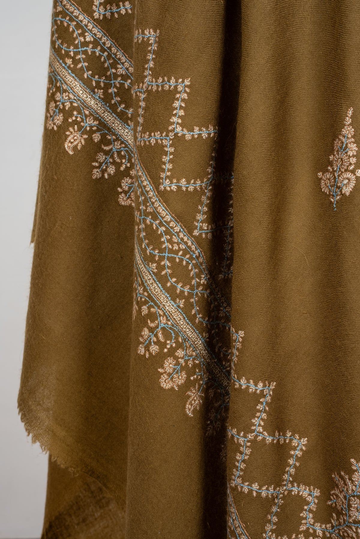 Pure Pashmina Hand Embroidered Shawl: Olive Whisper Heritage
