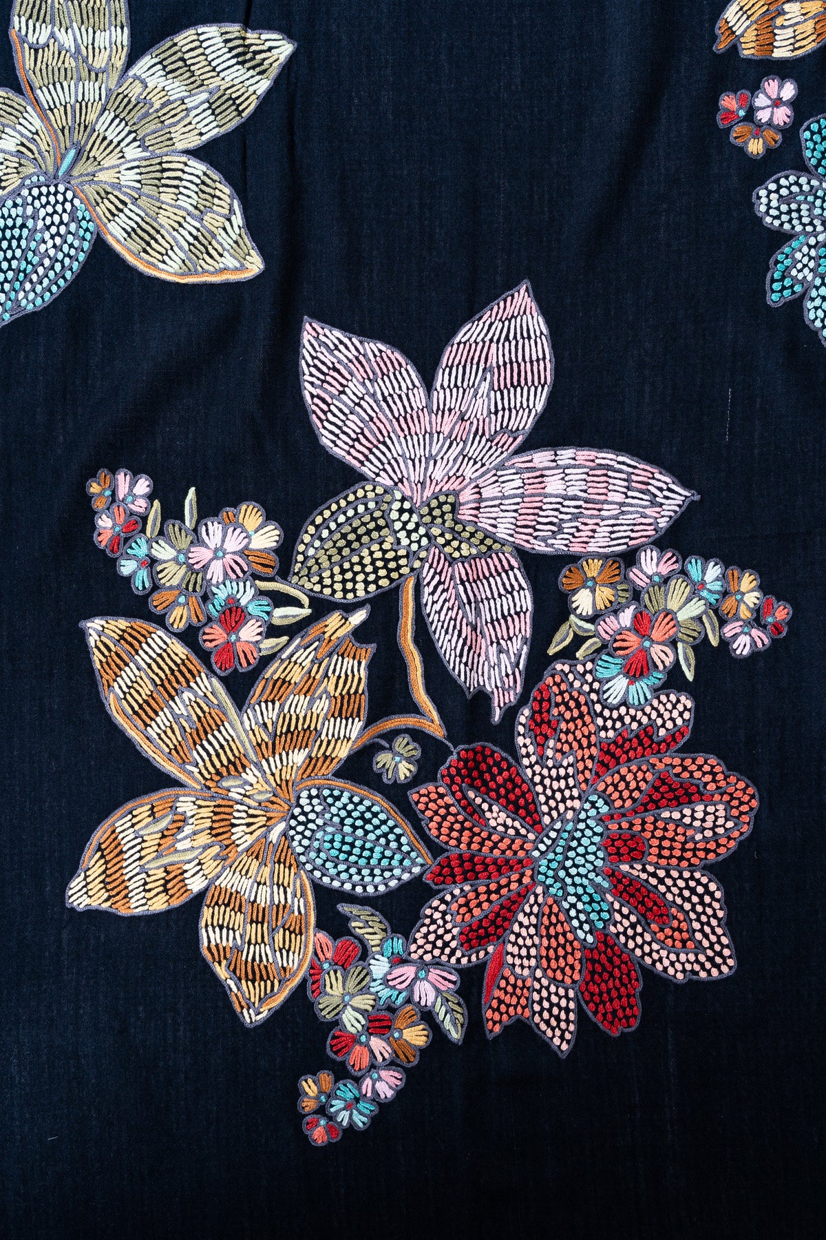 Midnight Garden Fine Merino Wool Shawl with Vibrant Aari Hand Embroidered Flowers