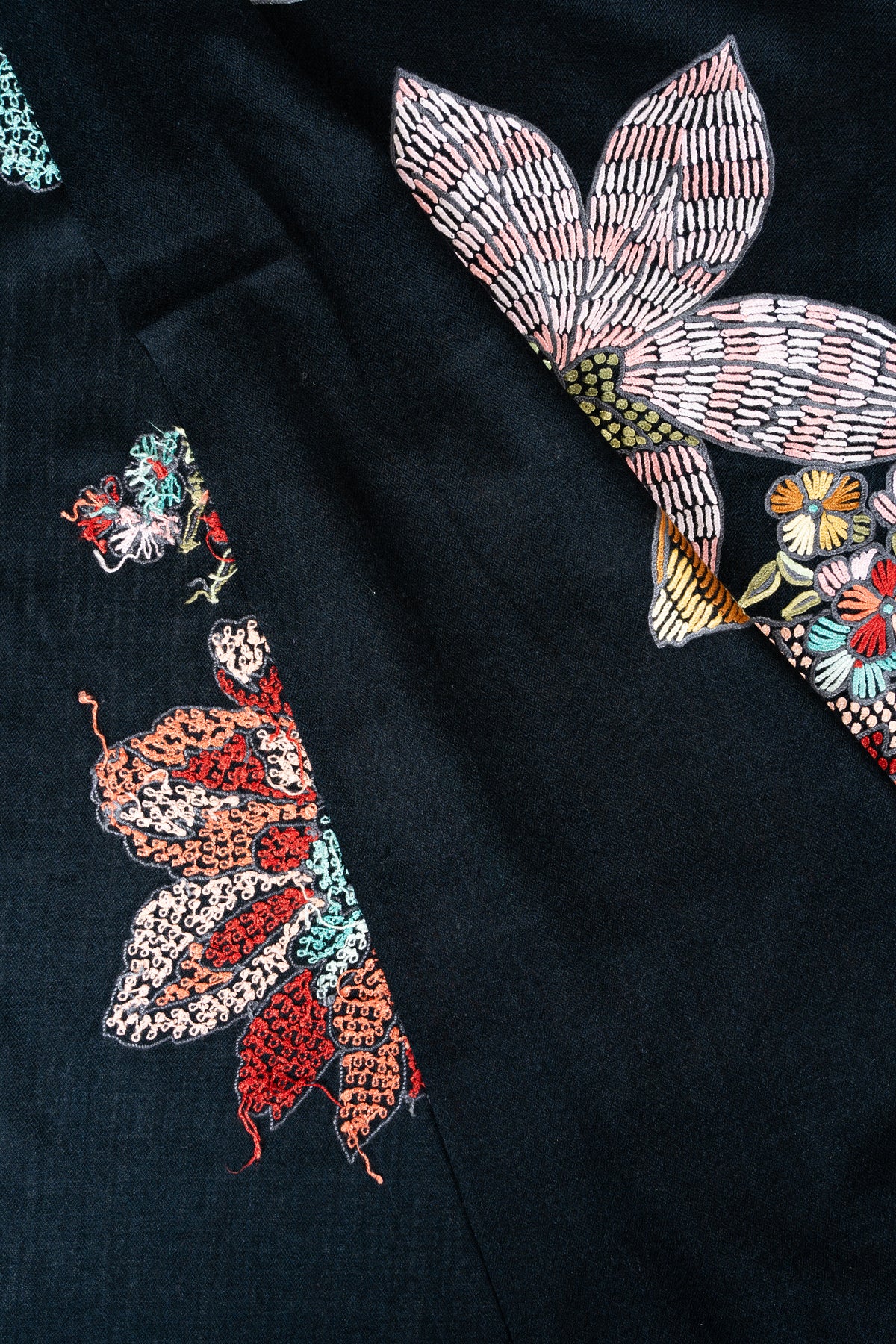 Midnight Garden Fine Merino Wool Shawl with Vibrant Aari Hand Embroidered Flowers