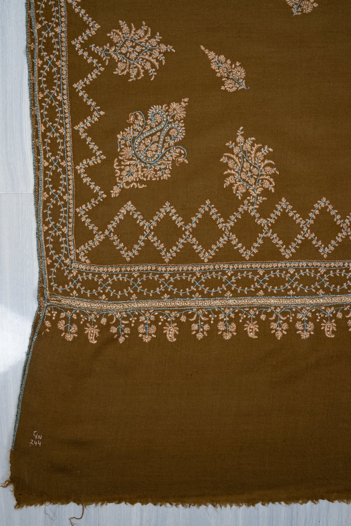 Pure Pashmina Hand Embroidered Shawl: Olive Whisper Heritage