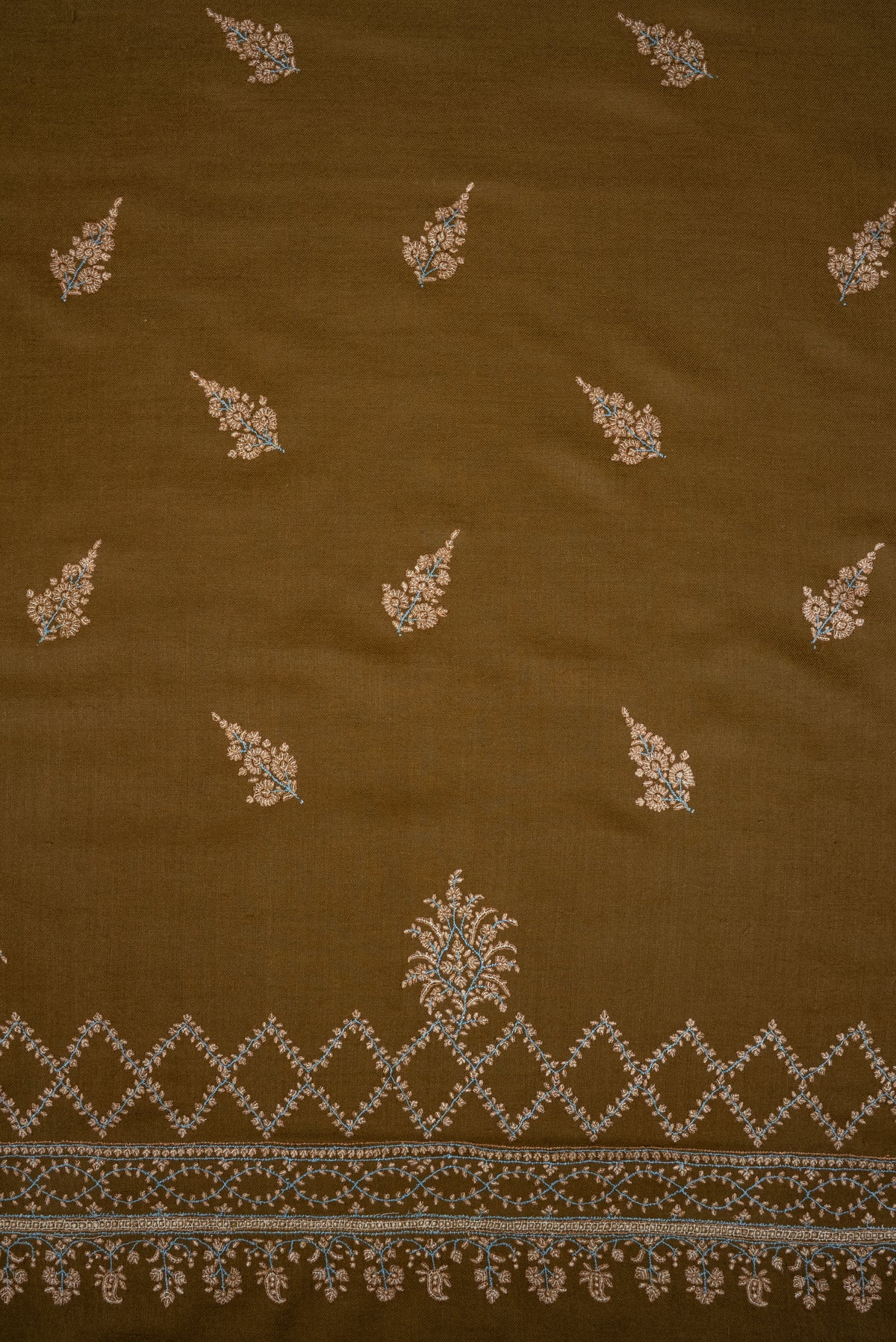 Pure Pashmina Hand Embroidered Shawl: Olive Whisper Heritage