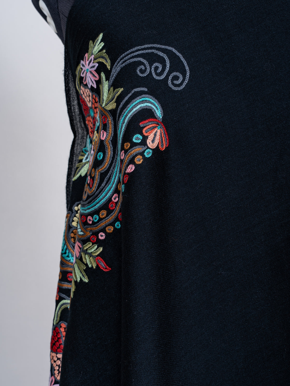Midnight Whispers Fine Merino Wool Scarf with Colorful Aari Hand Embroidered Paisleys