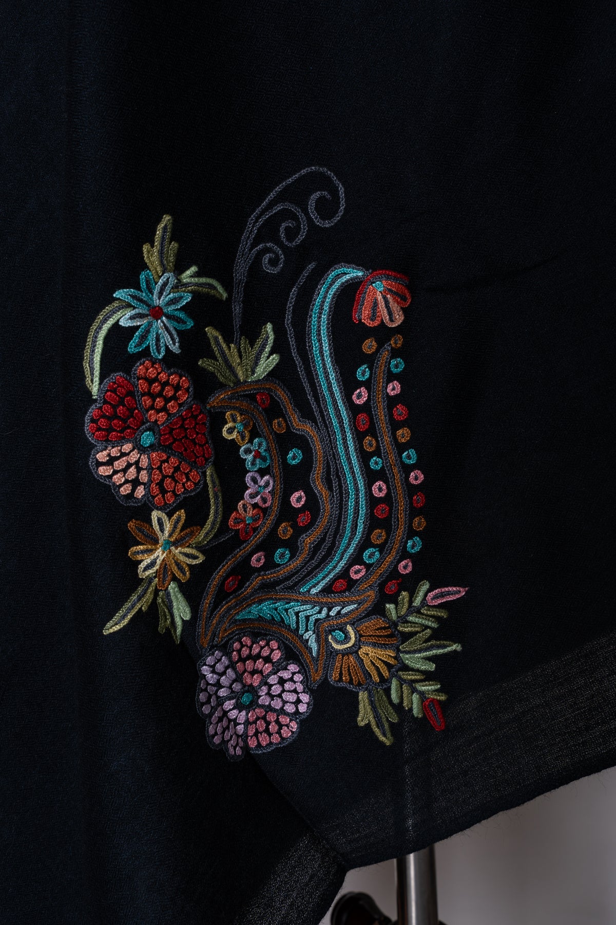 Midnight Whispers Fine Merino Wool Scarf with Colorful Aari Hand Embroidered Paisleys