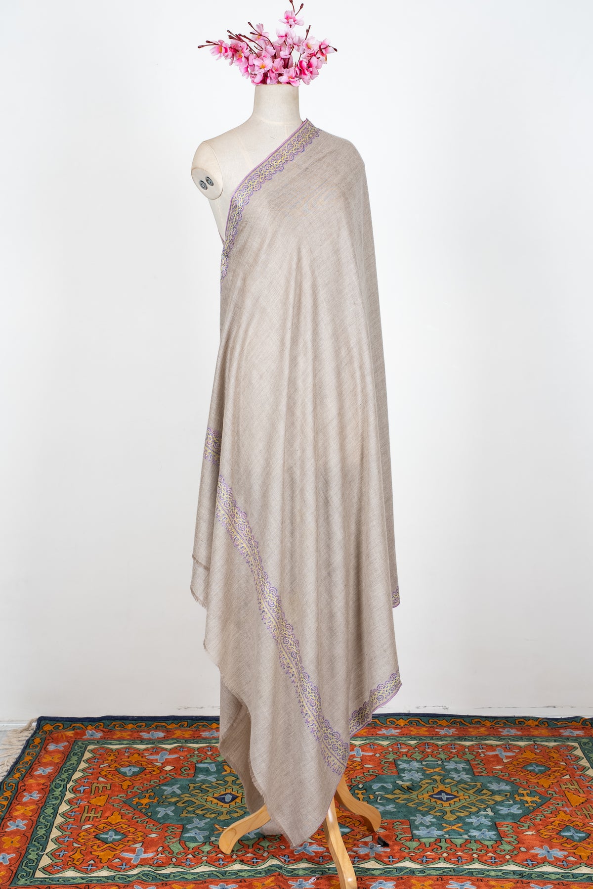 2.5 Yards Pure Pashmina Hand Embroidered Shawl: Ivory Lilac Grace