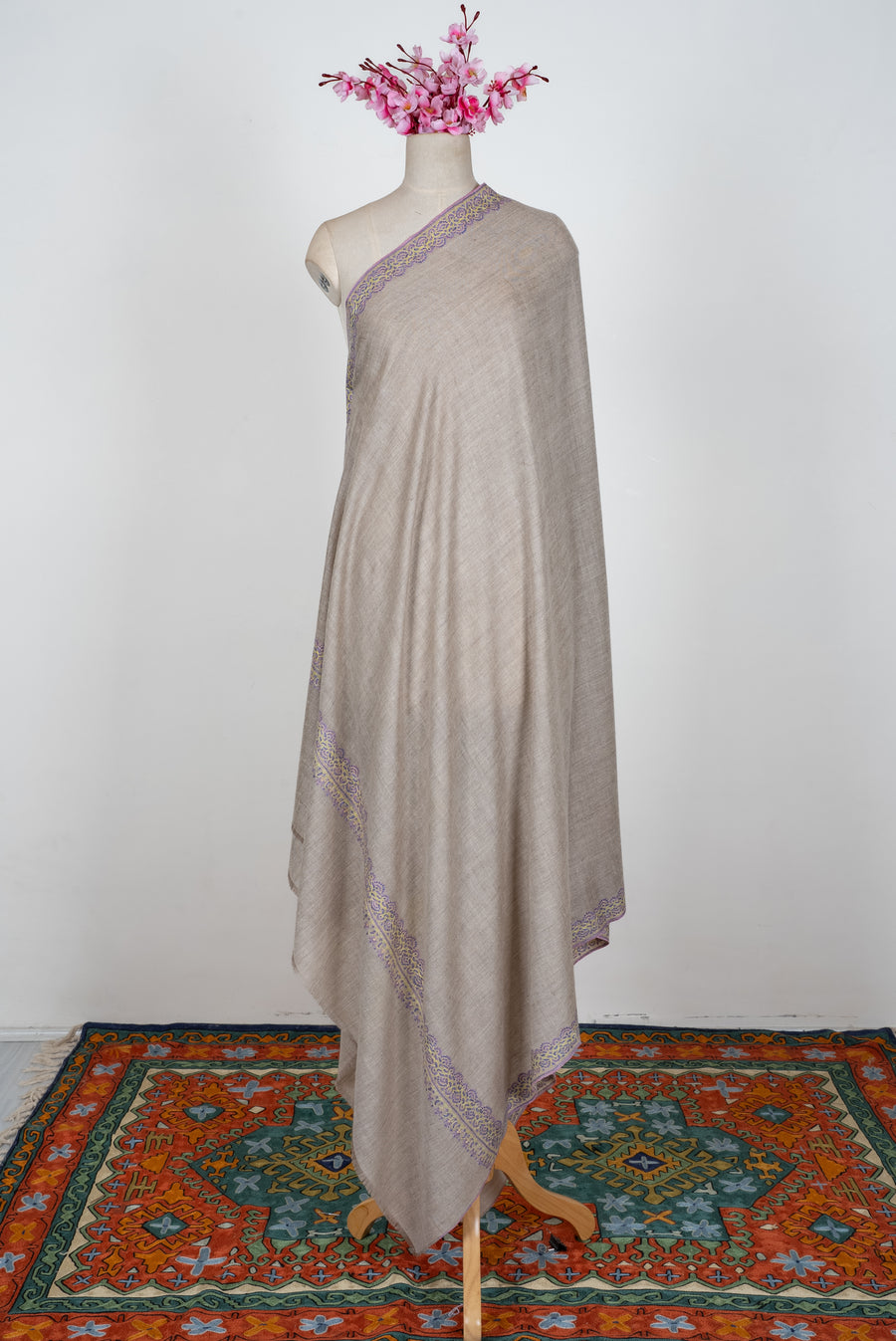2.5 Yards Pure Pashmina Hand Embroidered Shawl: Ivory Lilac Grace