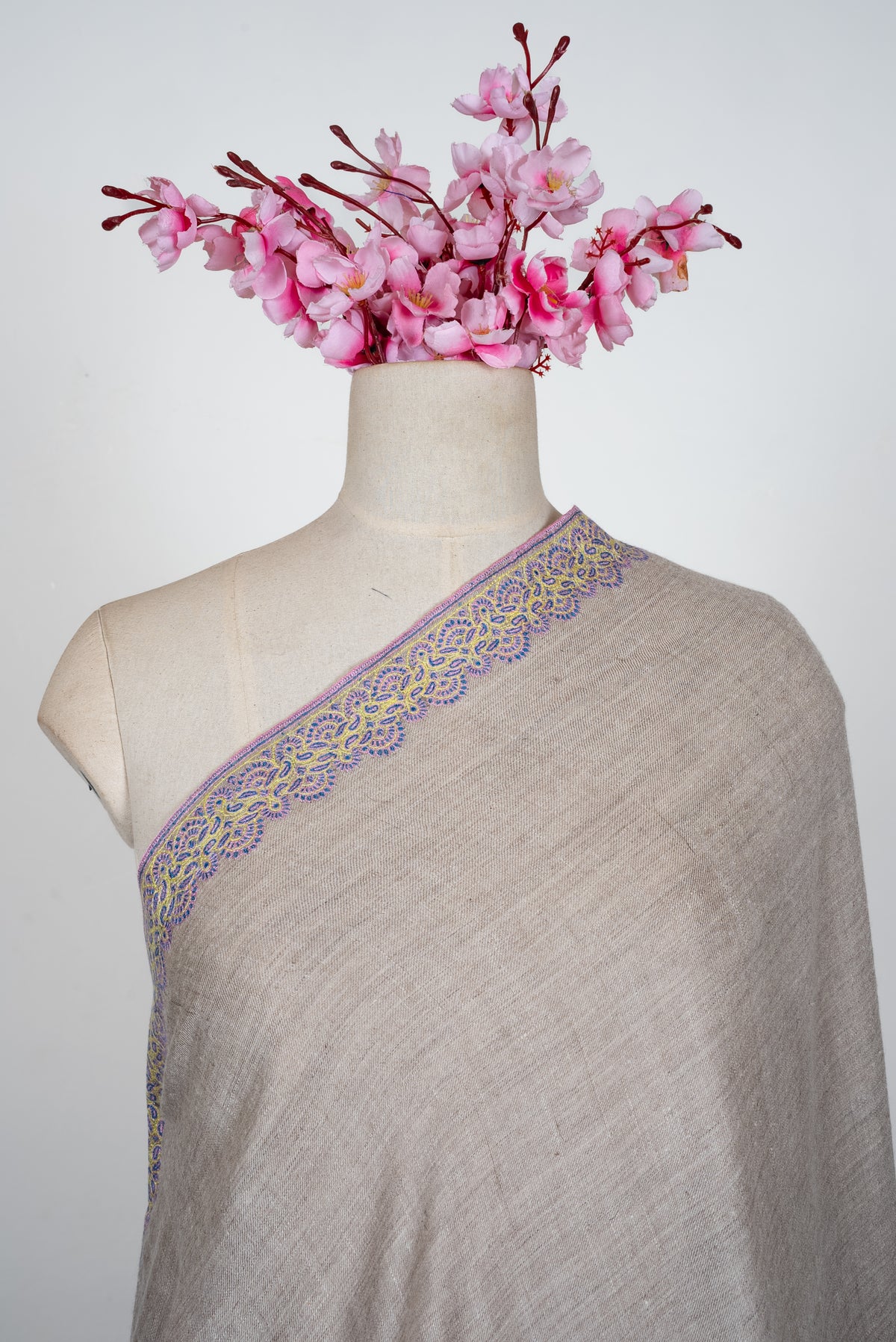 2.5 Yards Pure Pashmina Hand Embroidered Shawl: Ivory Lilac Grace