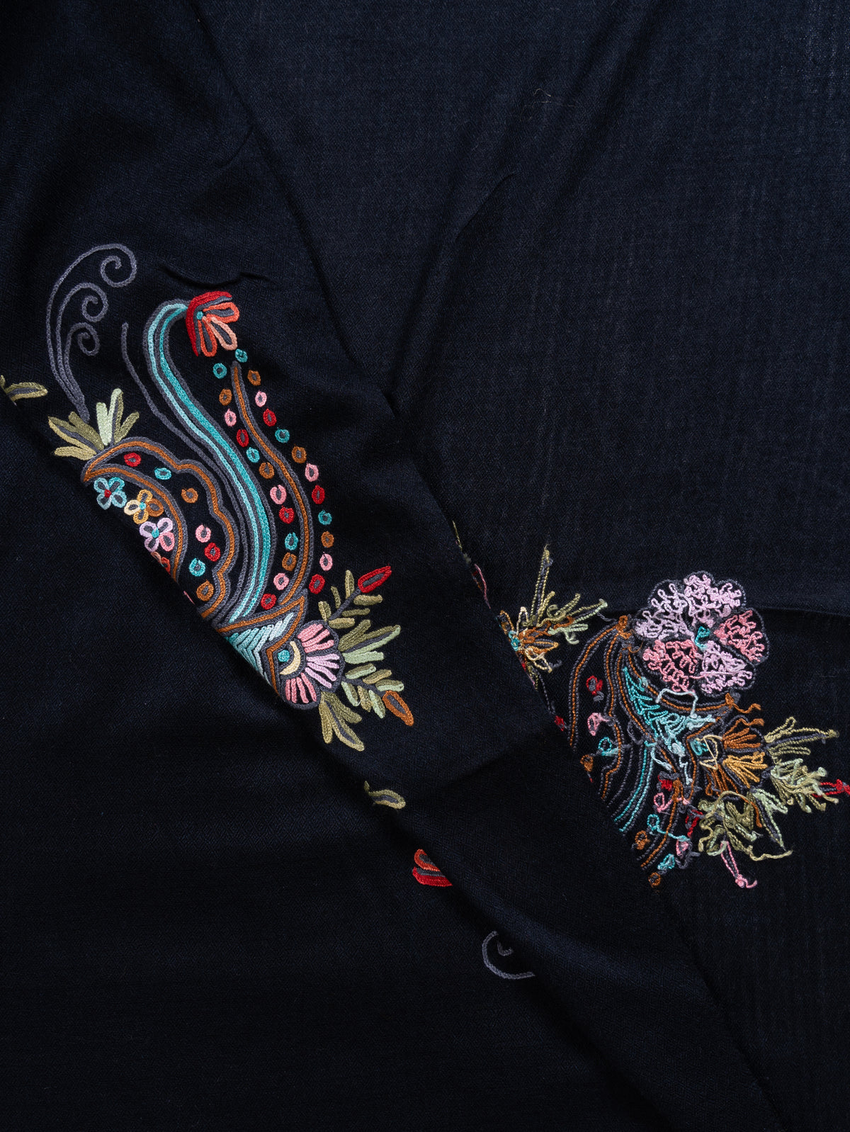 Midnight Whispers Fine Merino Wool Scarf with Colorful Aari Hand Embroidered Paisleys