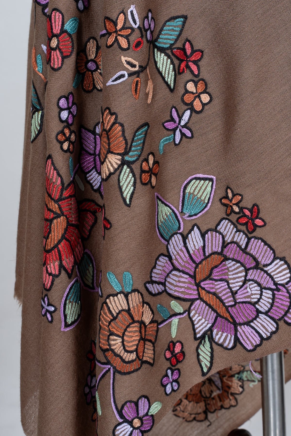 Autumn Bloom Fine Merino Wool scarf with Vibrant Aari Hand Embroidered Flowers