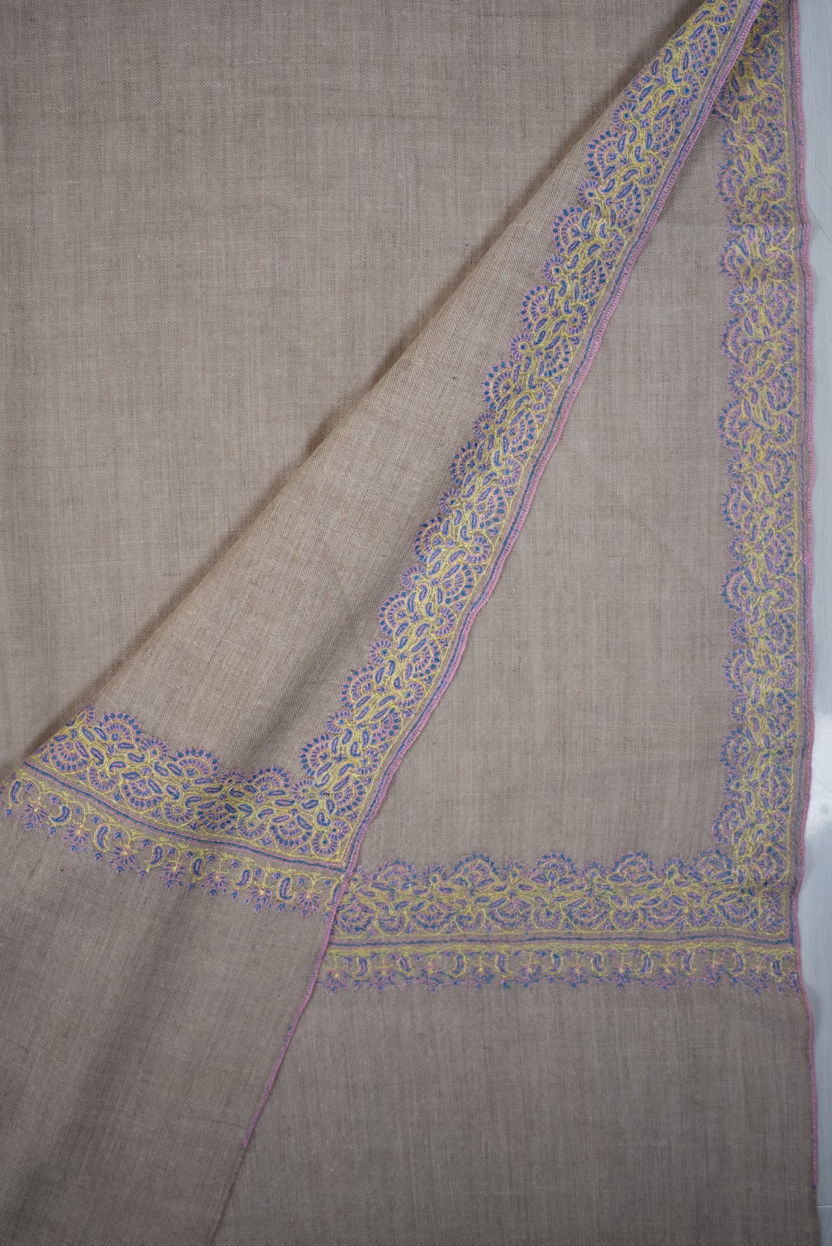 2.5 Yards Pure Pashmina Hand Embroidered Shawl: Ivory Lilac Grace