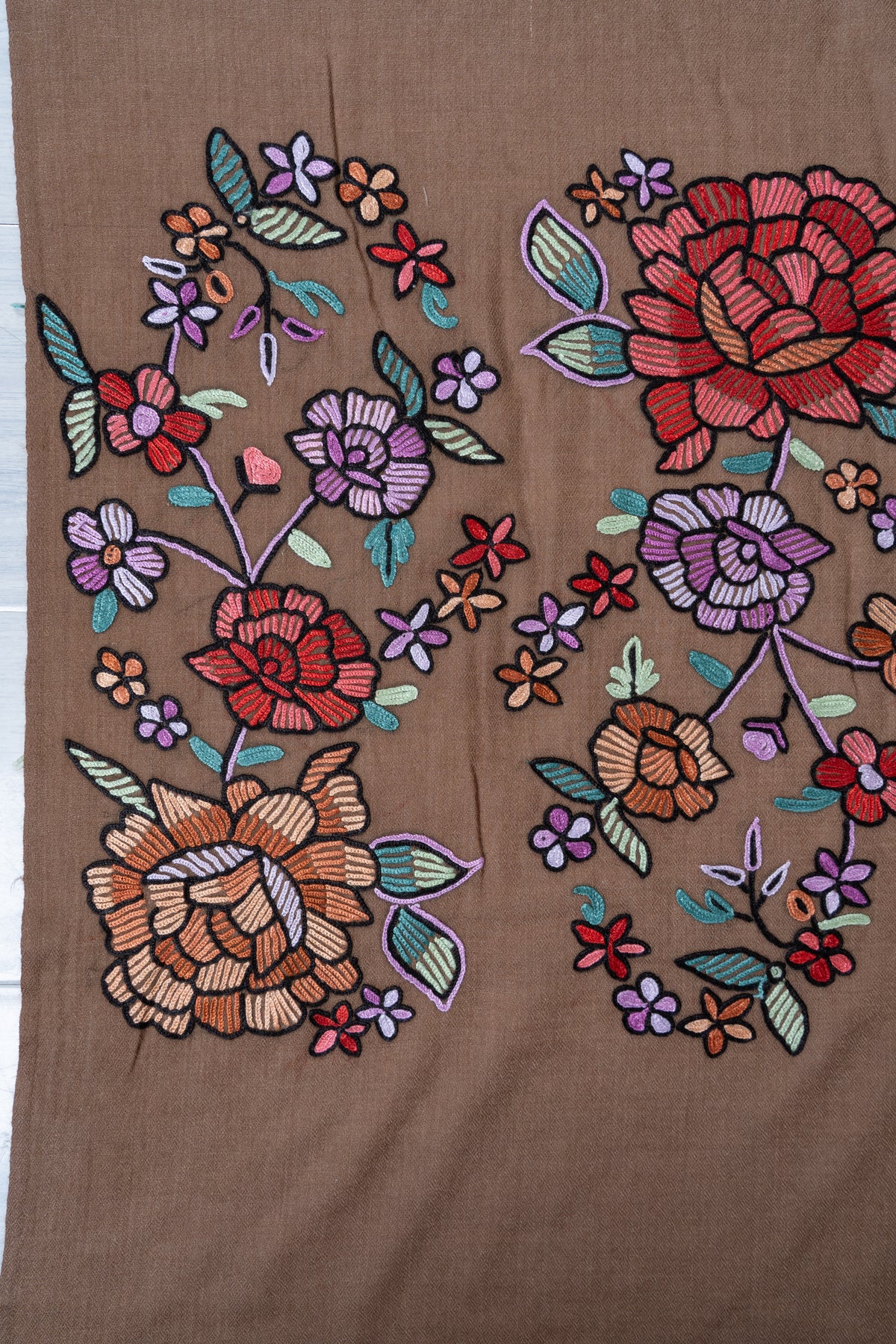 Autumn Bloom Fine Merino Wool scarf with Vibrant Aari Hand Embroidered Flowers