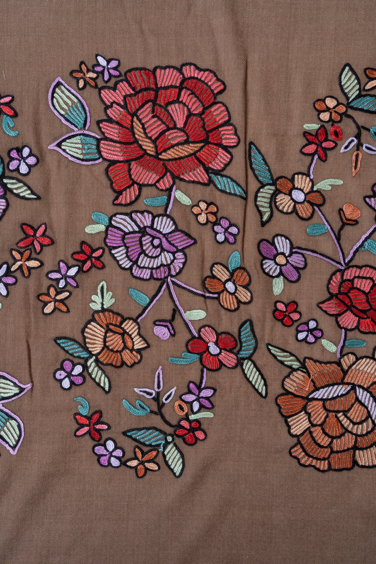 Autumn Bloom Fine Merino Wool scarf with Vibrant Aari Hand Embroidered Flowers