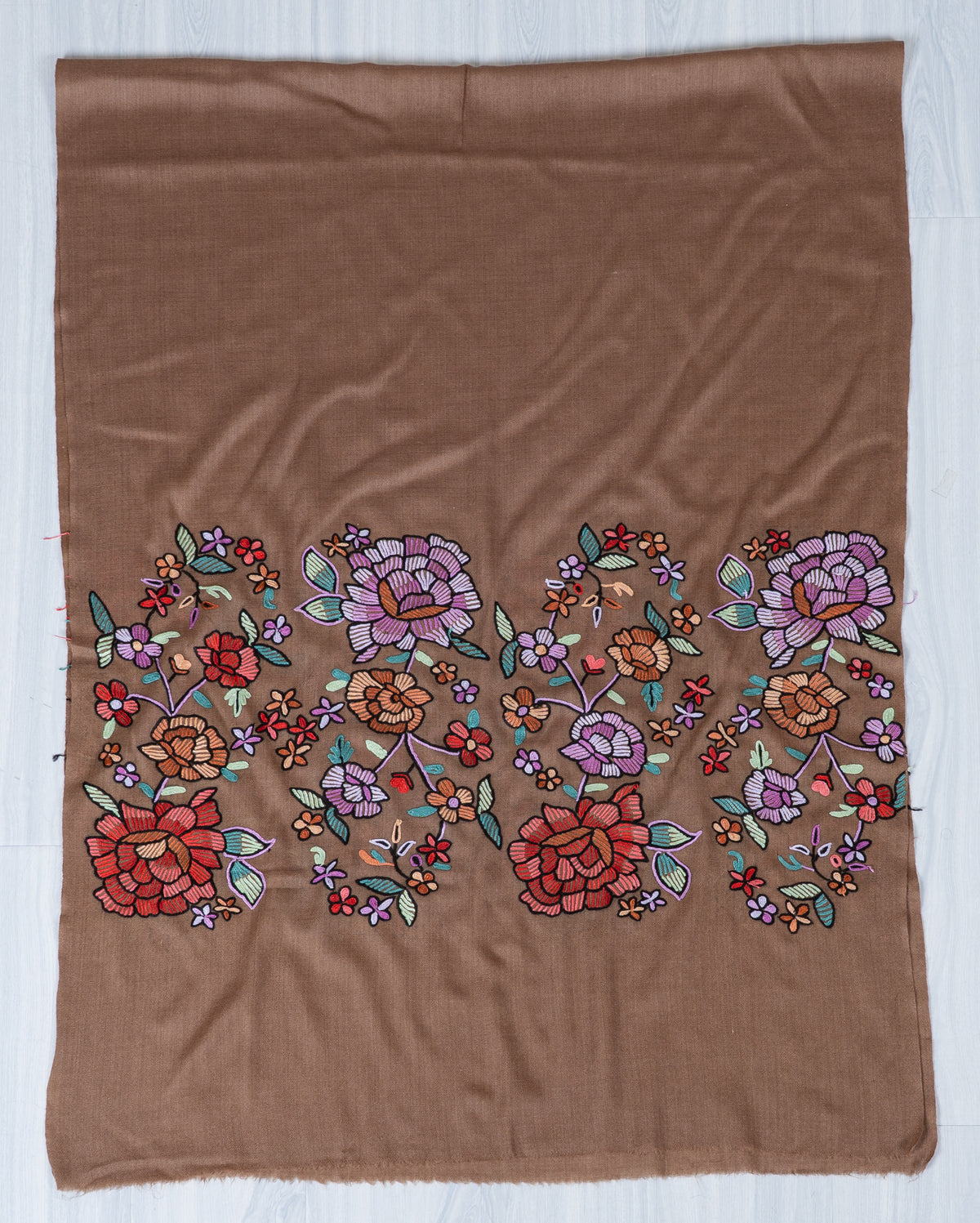 Autumn Bloom Fine Merino Wool scarf with Vibrant Aari Hand Embroidered Flowers