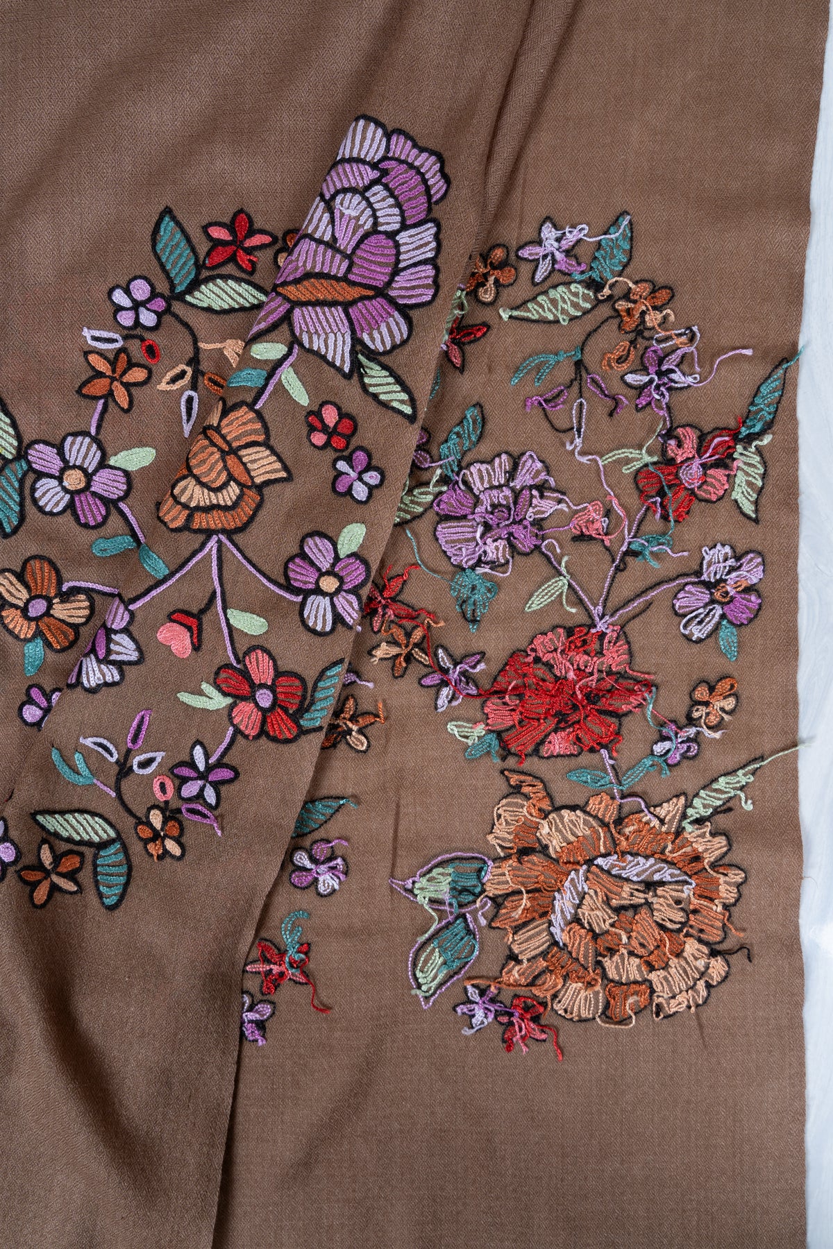Autumn Bloom Fine Merino Wool scarf with Vibrant Aari Hand Embroidered Flowers