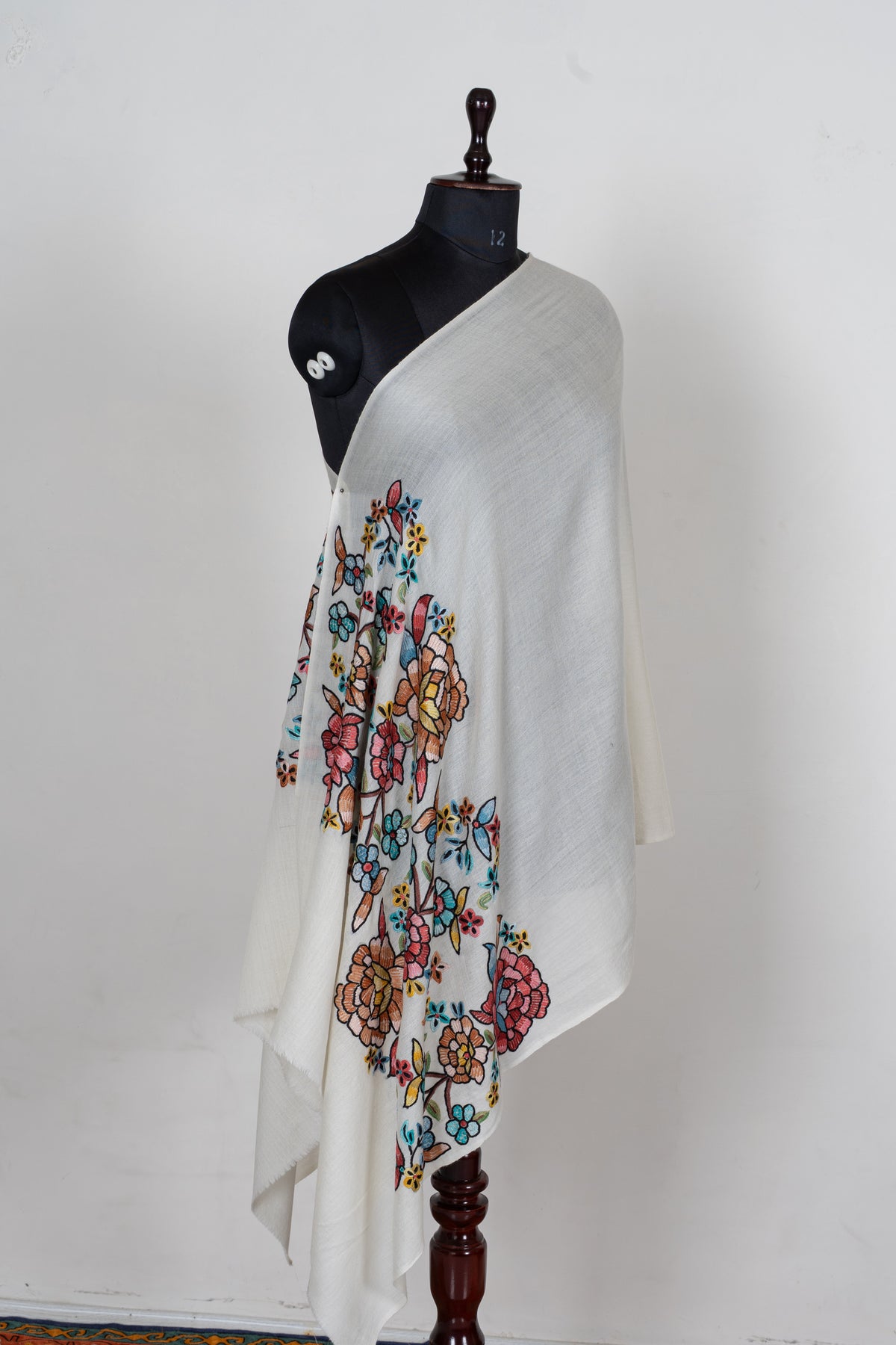 Ivory Spring Garden Fine Merino Wool Scarf with Aari Hand Embroidered Floral Blossoms