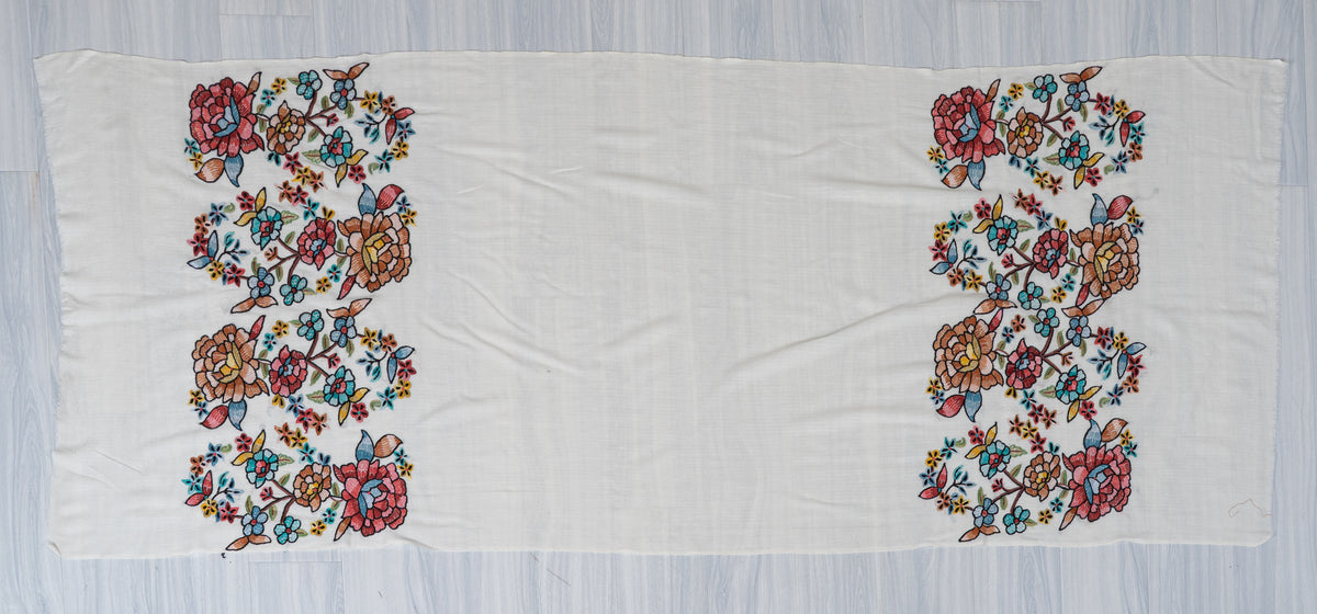 Ivory Spring Garden Fine Merino Wool Scarf with Aari Hand Embroidered Floral Blossoms