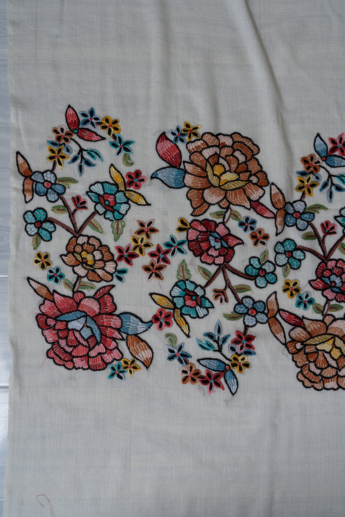 Ivory Spring Garden Fine Merino Wool Scarf with Aari Hand Embroidered Floral Blossoms