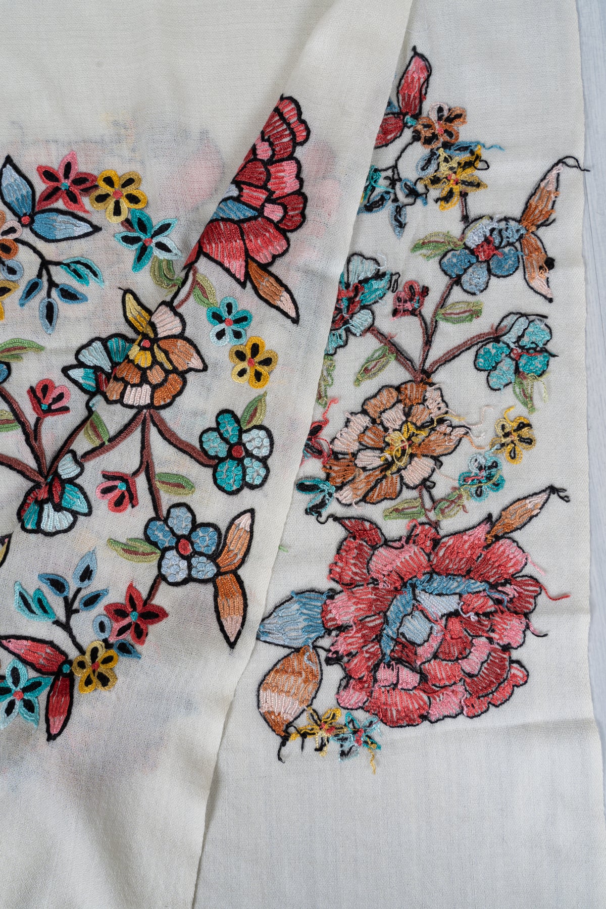 Ivory Spring Garden Fine Merino Wool Scarf with Aari Hand Embroidered Floral Blossoms