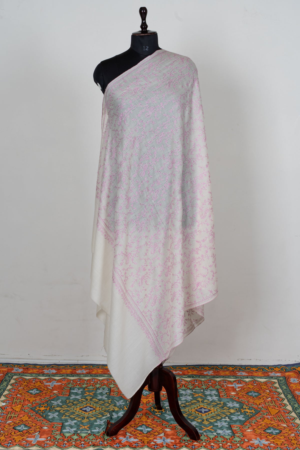 Blush Enchantment Fine Merino Wool Shawl with Delicate Pink Sozni Hand Embroidered Vines