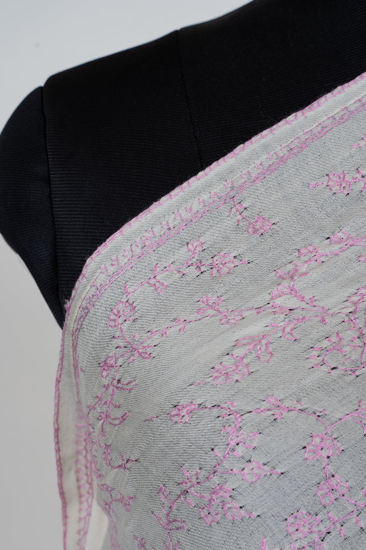 Blush Enchantment Fine Merino Wool Shawl with Delicate Pink Sozni Hand Embroidered Vines