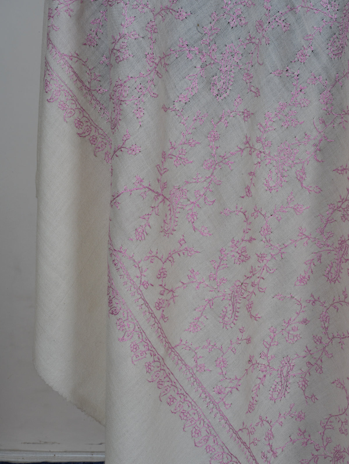 Blush Enchantment Fine Merino Wool Shawl with Delicate Pink Sozni Hand Embroidered Vines