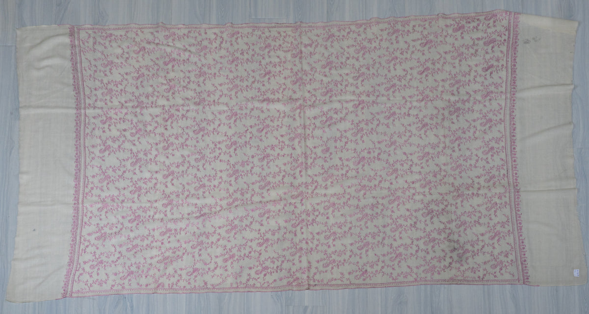 Blush Enchantment Fine Merino Wool Shawl with Delicate Pink Sozni Hand Embroidered Vines