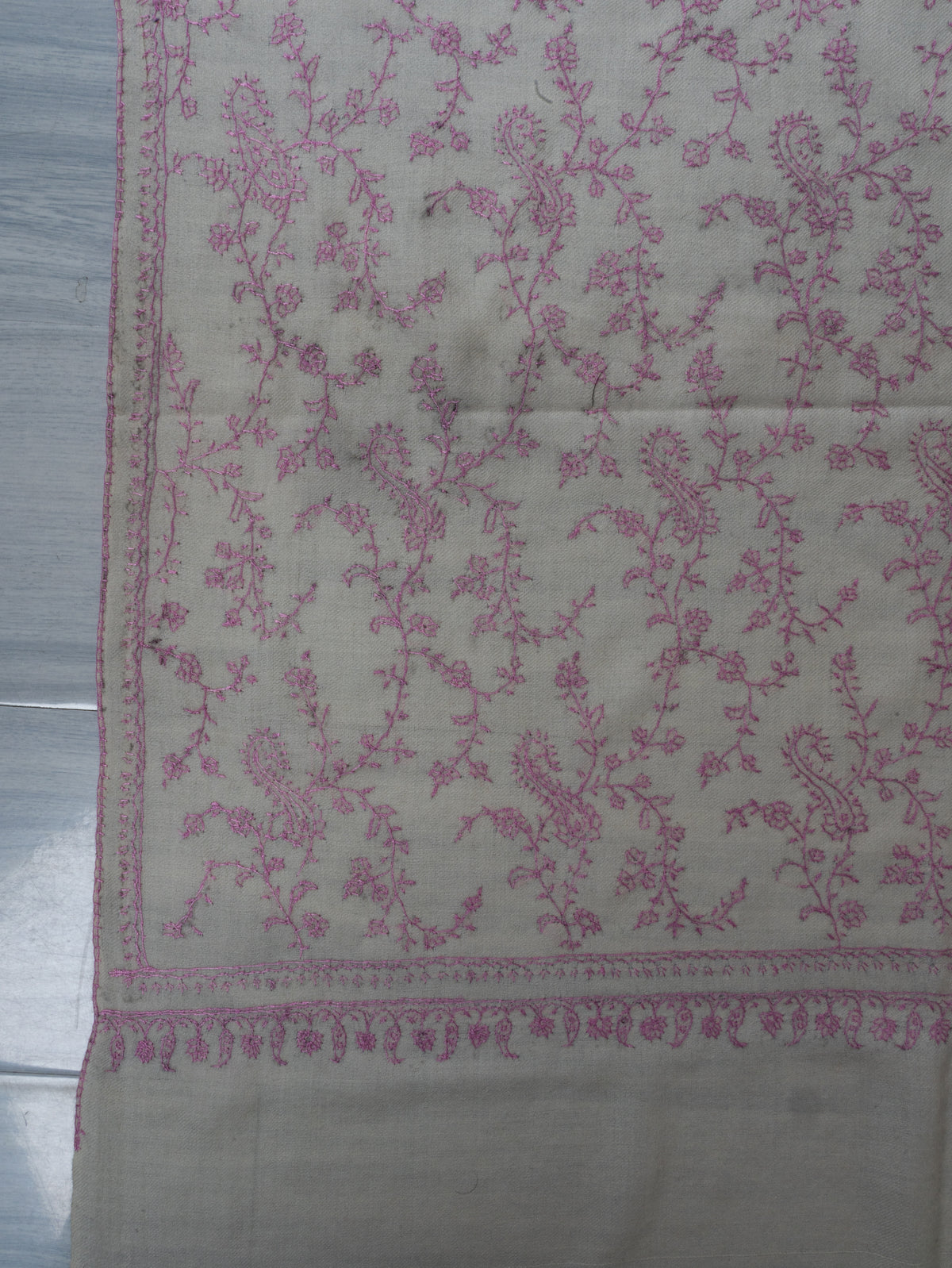 Blush Enchantment Fine Merino Wool Shawl with Delicate Pink Sozni Hand Embroidered Vines