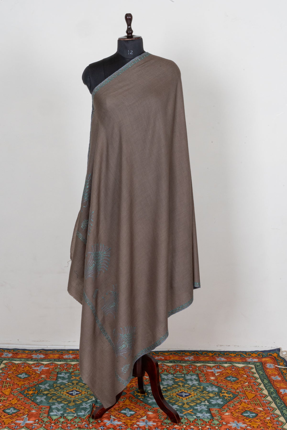 Earth and Turquoise Fine Merino Wool Shawl with Sozni Hand Embroidered Botanical Accents